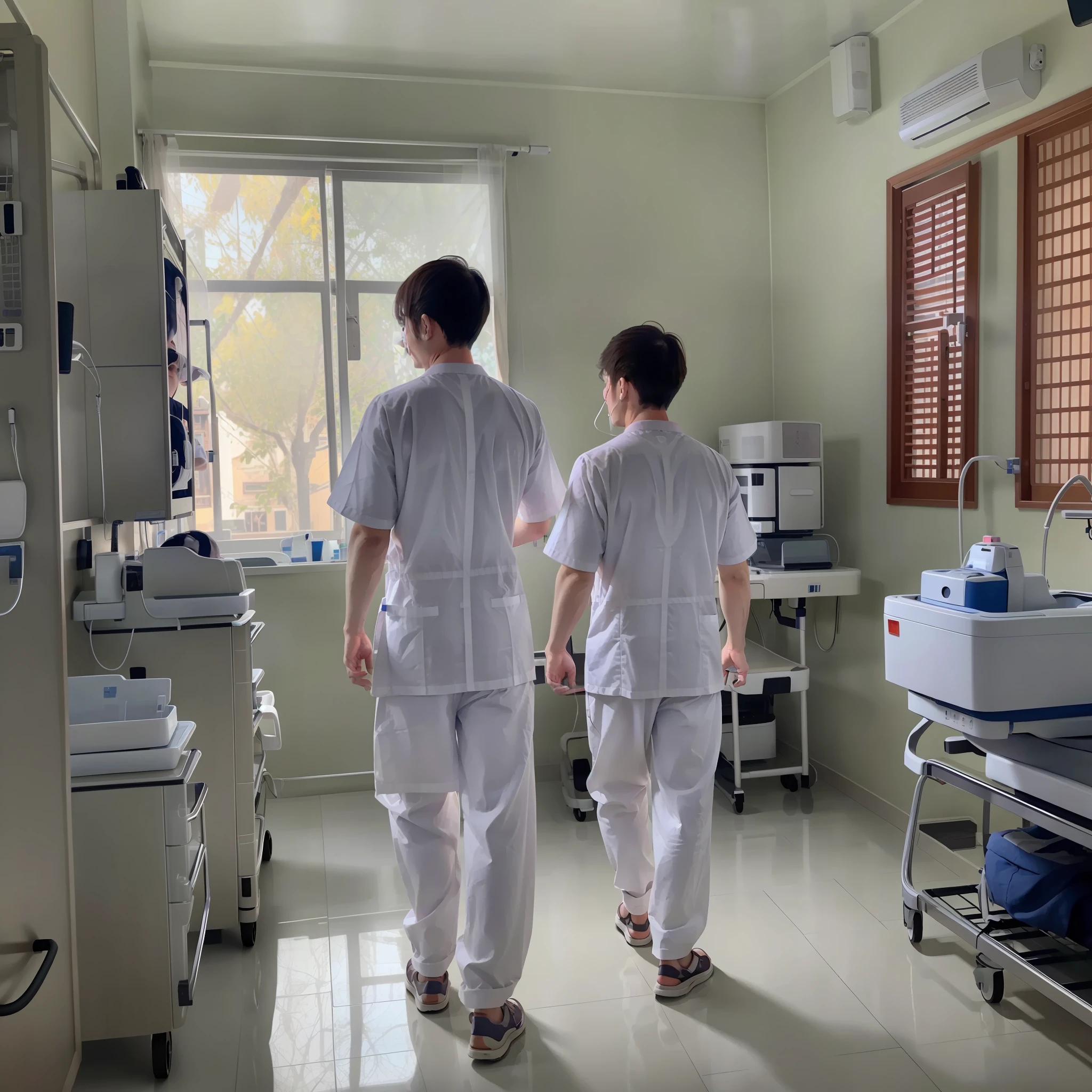 In a hospital, a young male TCM physician and a male Western physician work closely together to provide the best medical care to patients. Their cooperation is very tacit and like a perfect picture.
