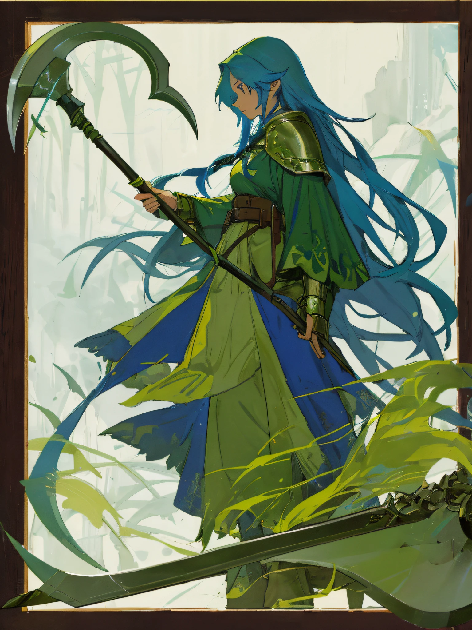 a medieval druid with green armor and blue long hair, with a scythe
