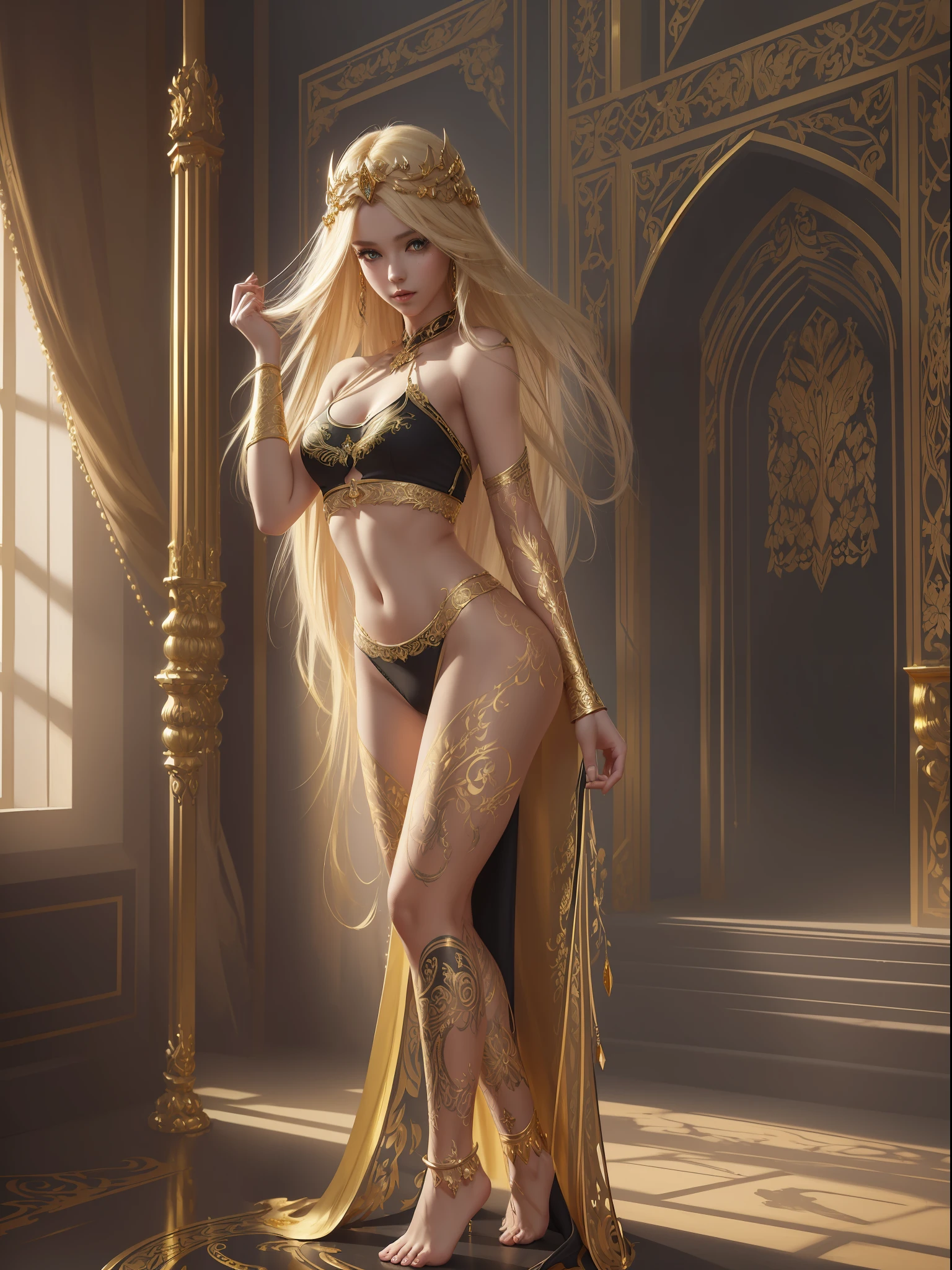 (Best quality, masterpiece, ArtStation, Fantasy Art:1.2), a dim dark palace room, a beautiful cute girl undressing, (long blond hair:1.1), (intricate gold full body paint, black crop top:1.2)