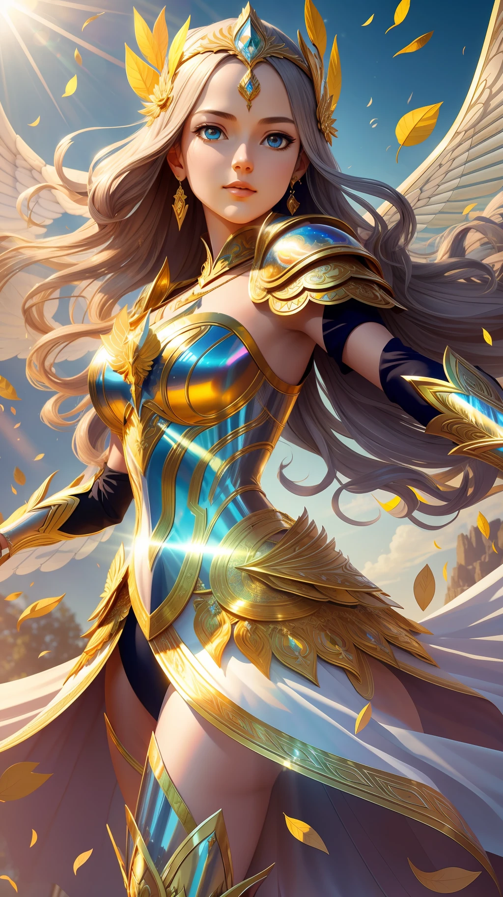 award winning concept art of tall (1girl:1.2) in pearlescent shiny ornate armor flying towards the sun, epic, god rays, centered, (masterpiece:1.2), (best quality:1.2), Amazing, highly detailed, beautiful, finely detail, warm soft color grading, Depth of field, extremely detailed 8k, fine art, stunning, iridescent, shiny, light reflections, crisp, curls, wind, flying leaves, dynamic pose, hyper realism, vibrant, sunlit, edge detection