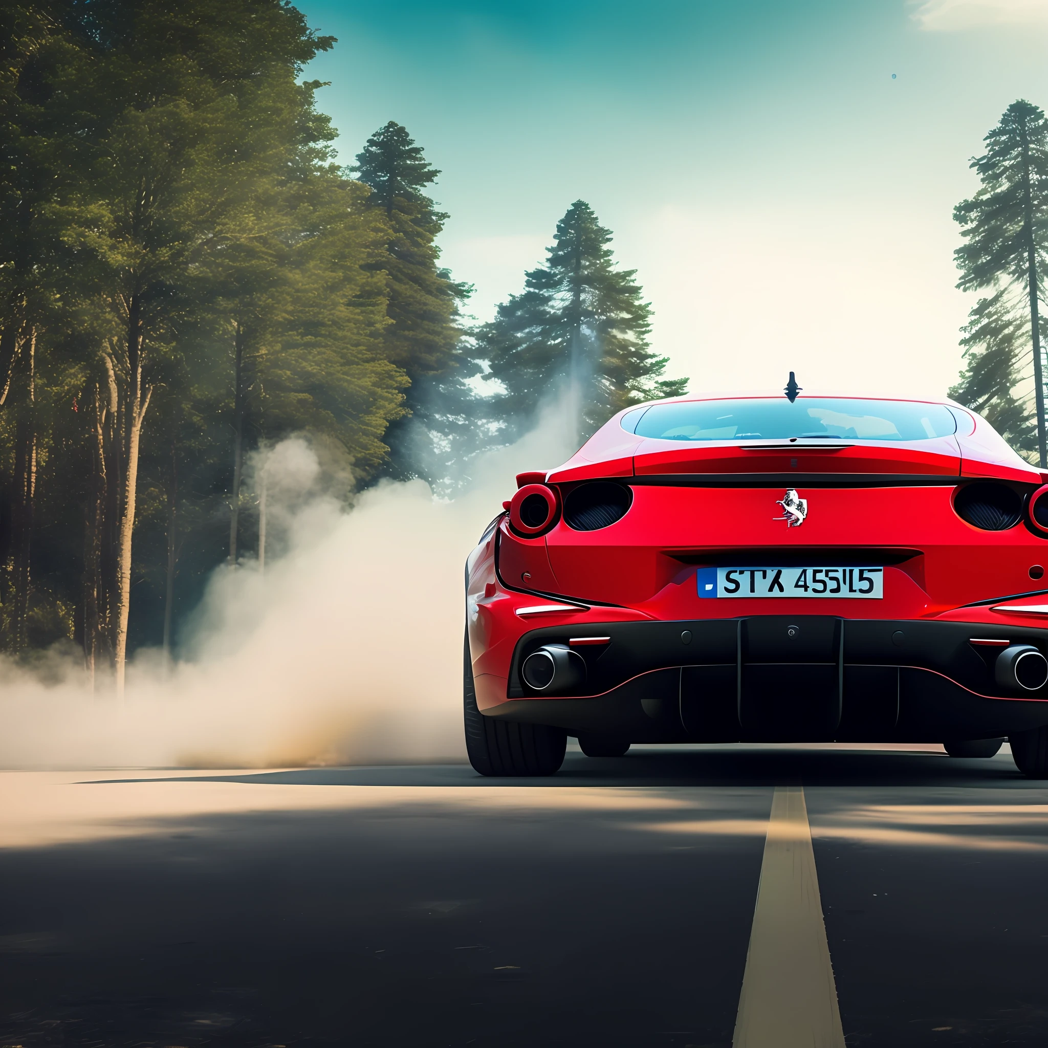 Car, ferrari, red color, middle of the road at 45º angle, smoke, tire mark on the asphalt, blue sky, rays of sun among the trees of the woods. Masterpiece, 4k