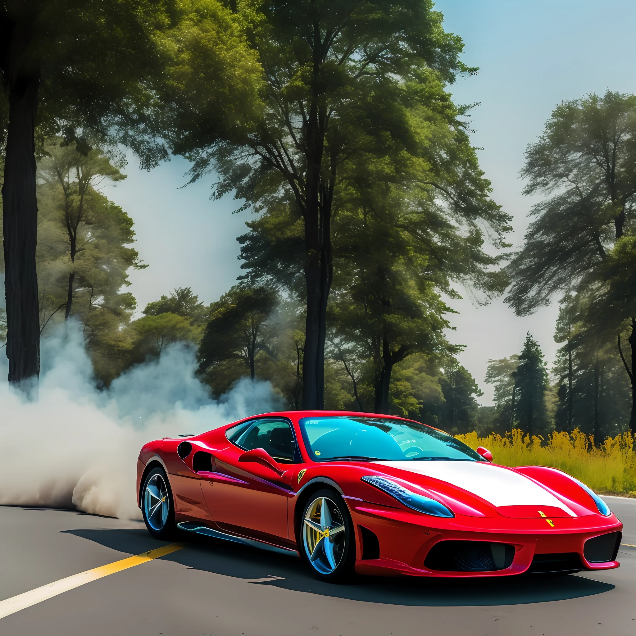 Car, ferrari, red color, middle of the road at 45º angle, smoke, tire mark on the asphalt, blue sky, rays of sun among the trees of the woods. Masterpiece, 4k