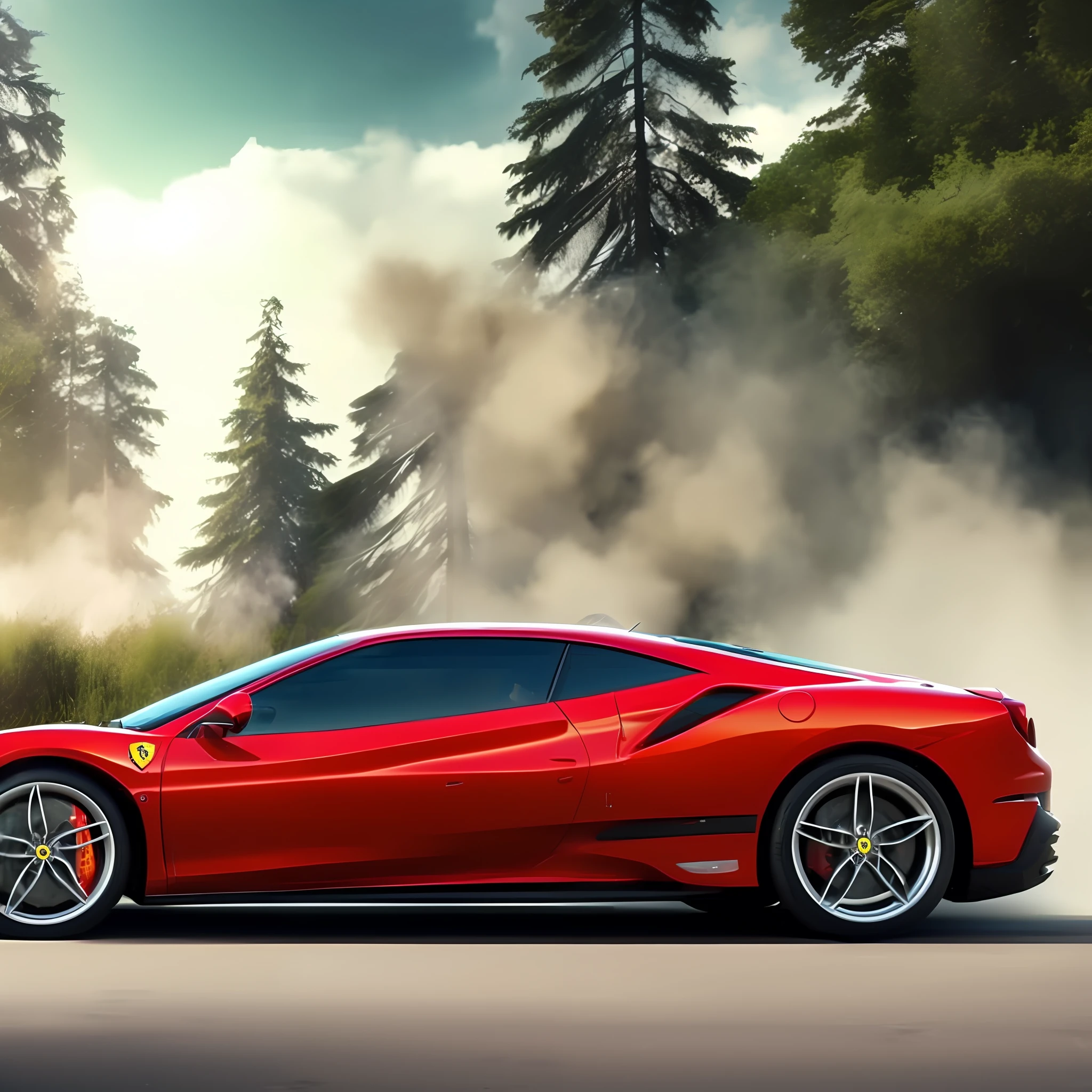 Car, ferrari, red color, middle of the road at 45º angle, smoke, tire mark on the asphalt, blue sky, rays of sun among the trees of the woods. Masterpiece, 4k