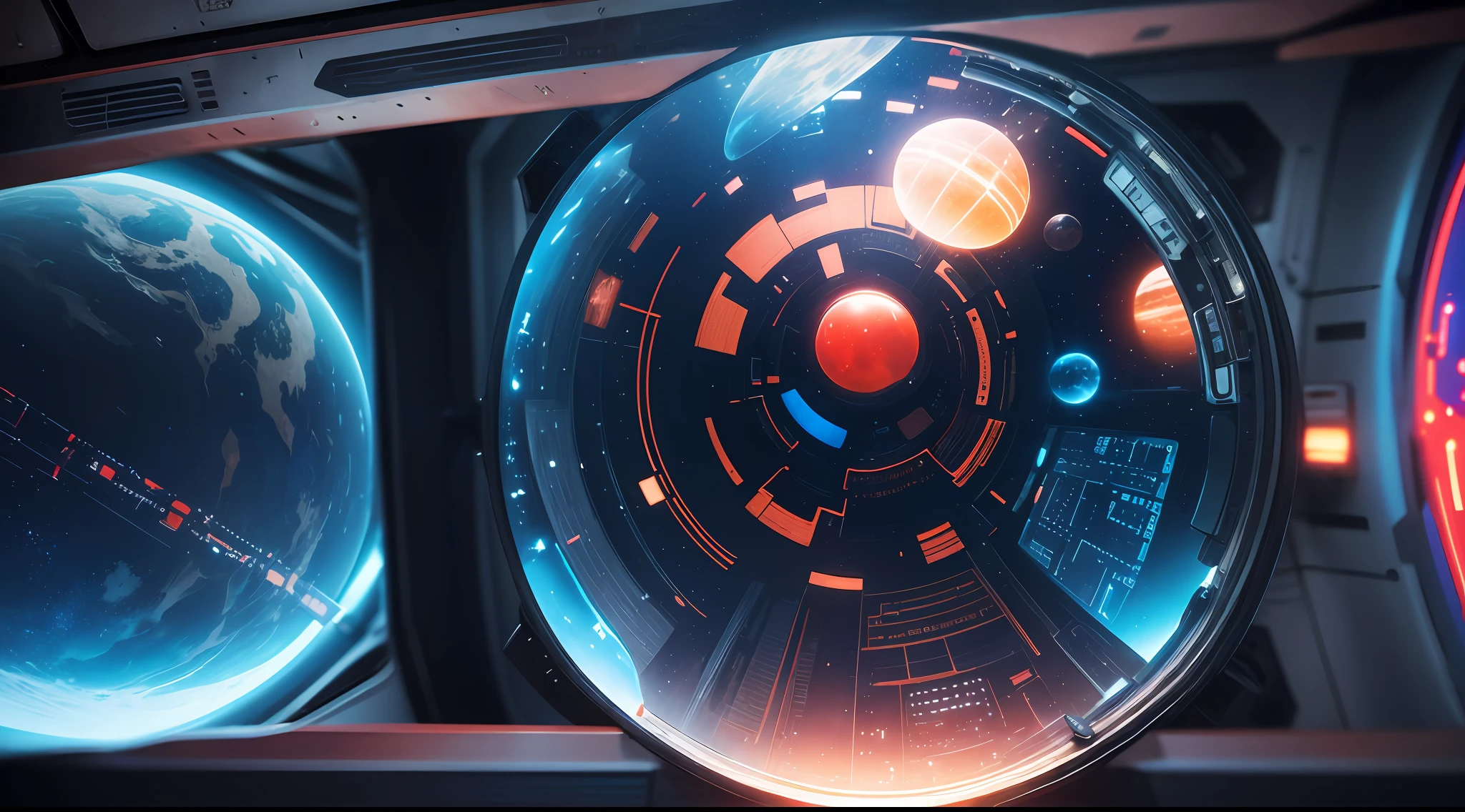 Space station, inside the capsule, a large number of displays, slightly red lights, blue planets on the large display, helmeted astronauts in the control room observation screen, blue planets outside the window, metallic texture, futuristic, cinematic lighting, cinematic lighting, super detail, close-up, ultra HD --auto --s2