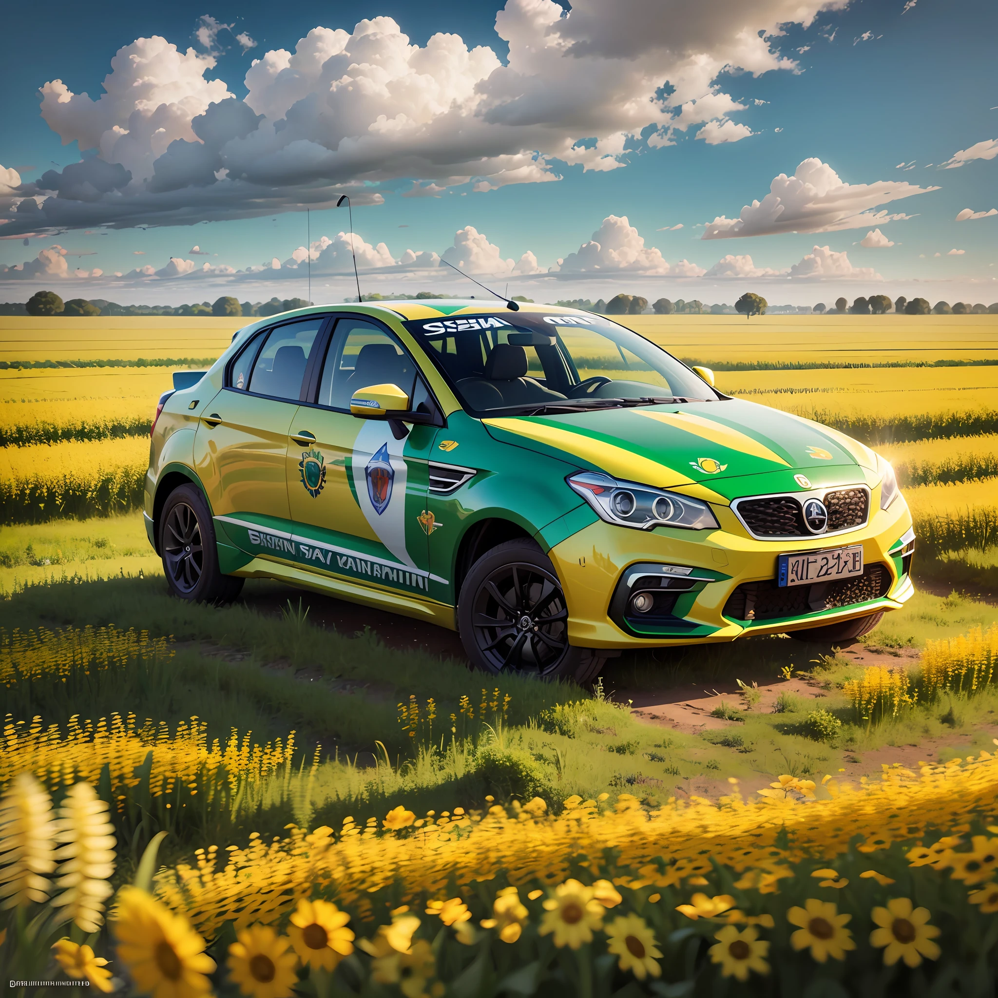 Siena car with yellow, blue, green and white color with detail of Brazilian flag in the field with realismin 3d