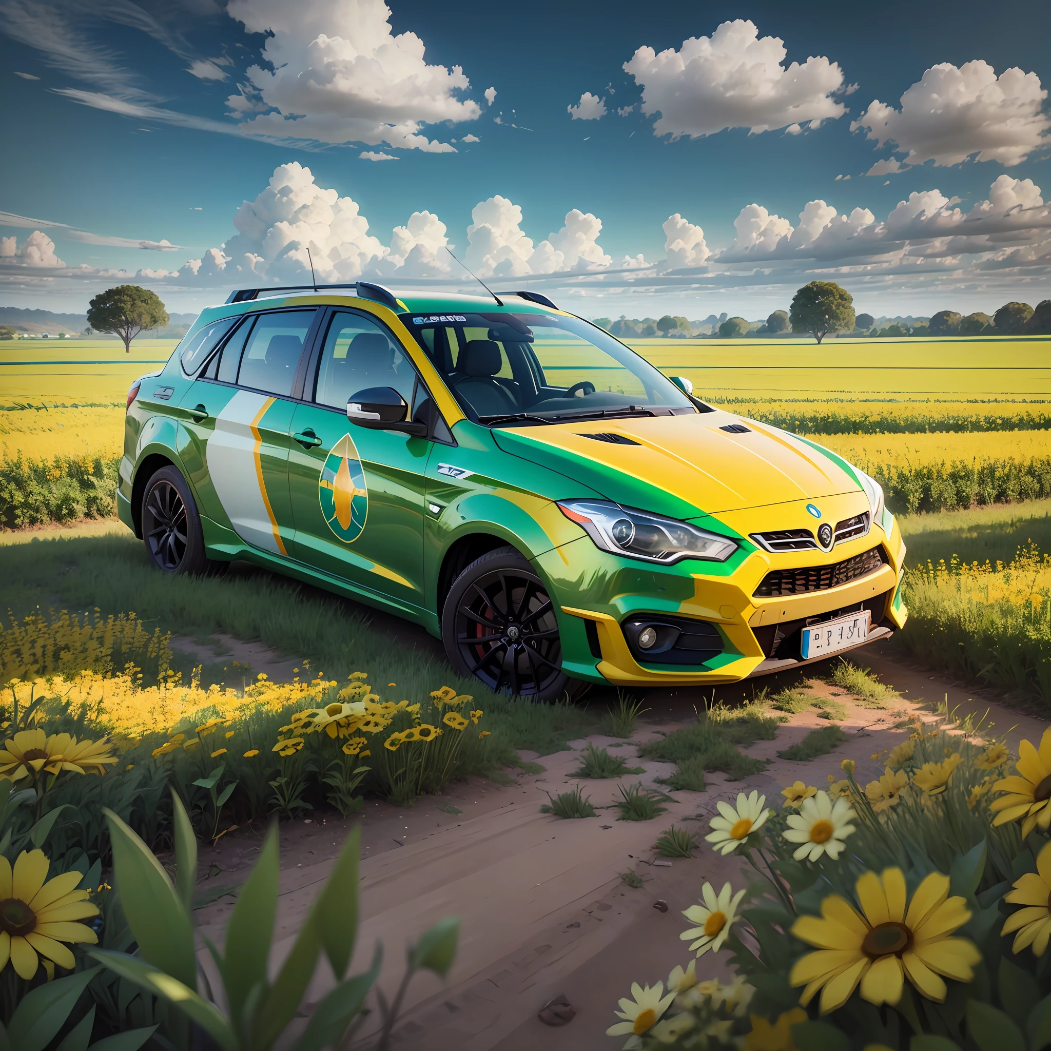 Siena car with yellow, blue, green and white color with detail of Brazilian flag in the field with realismin 3d