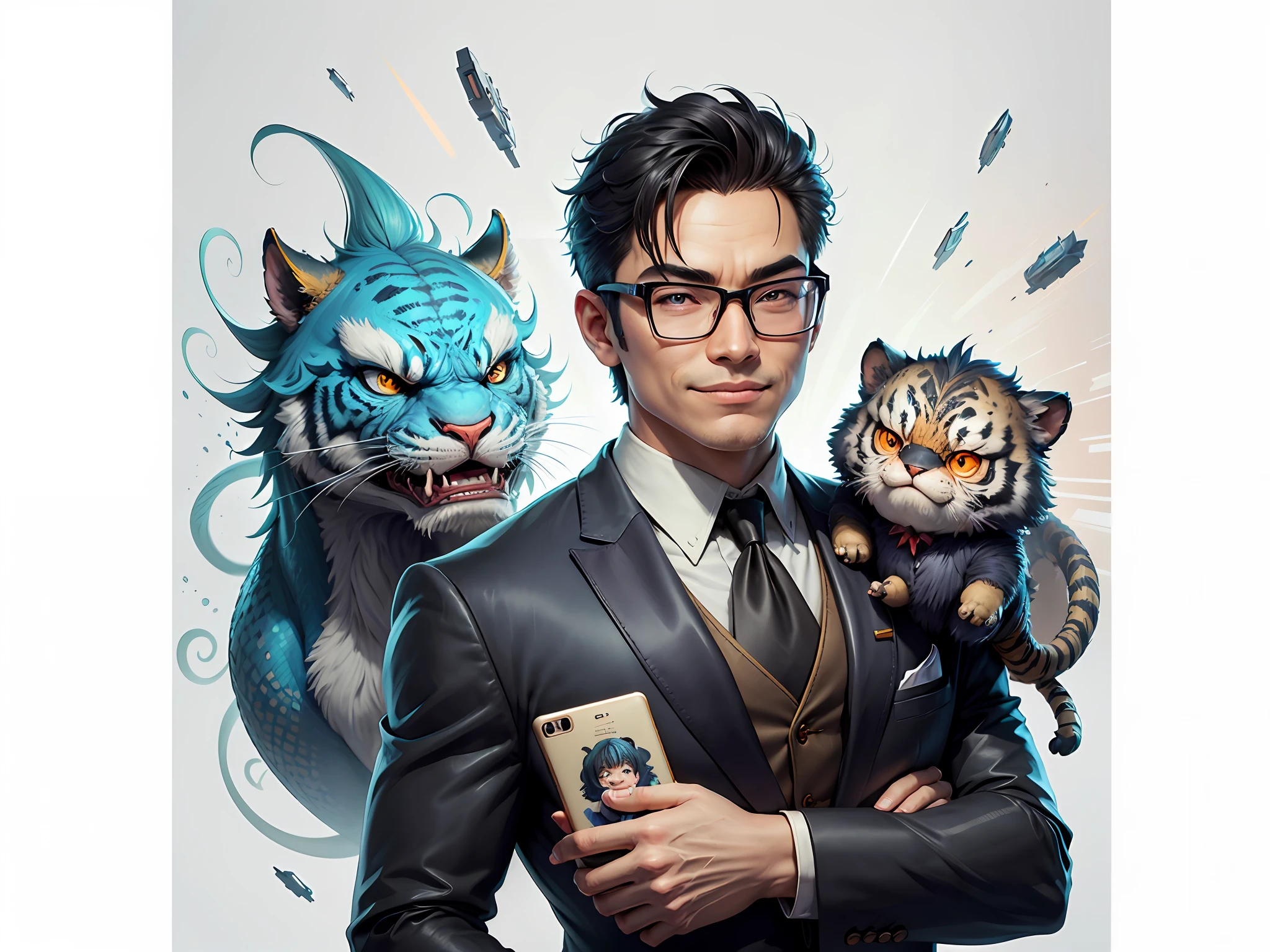(Masterpiece), (Extreme Quality), (Super Meticulous), (Full Body: 1.2), Super Young Man, Chinese Dragon, Tiger, Wind God Thor, Sexy, Bursting, Oriental Face, TV Anchor, Bust Portrait Illustration, Black Formal Suit, Blue Tie, Slightly Chubby Face, Silver Glasses, Very Clean Face, No Beard on Chin, Black Super Short Hair, Black Eyes, Confident Smile, 3c Computer Sub-Products, iPad, iPhone, Digital Painting, 3D Character Design by Mark Claireden and Pixar and Hayao Miyazaki and Akira Toriyama, The illustration is a high-definition illustration in 4K resolution with very detailed facial features and cartoon-style visuals.