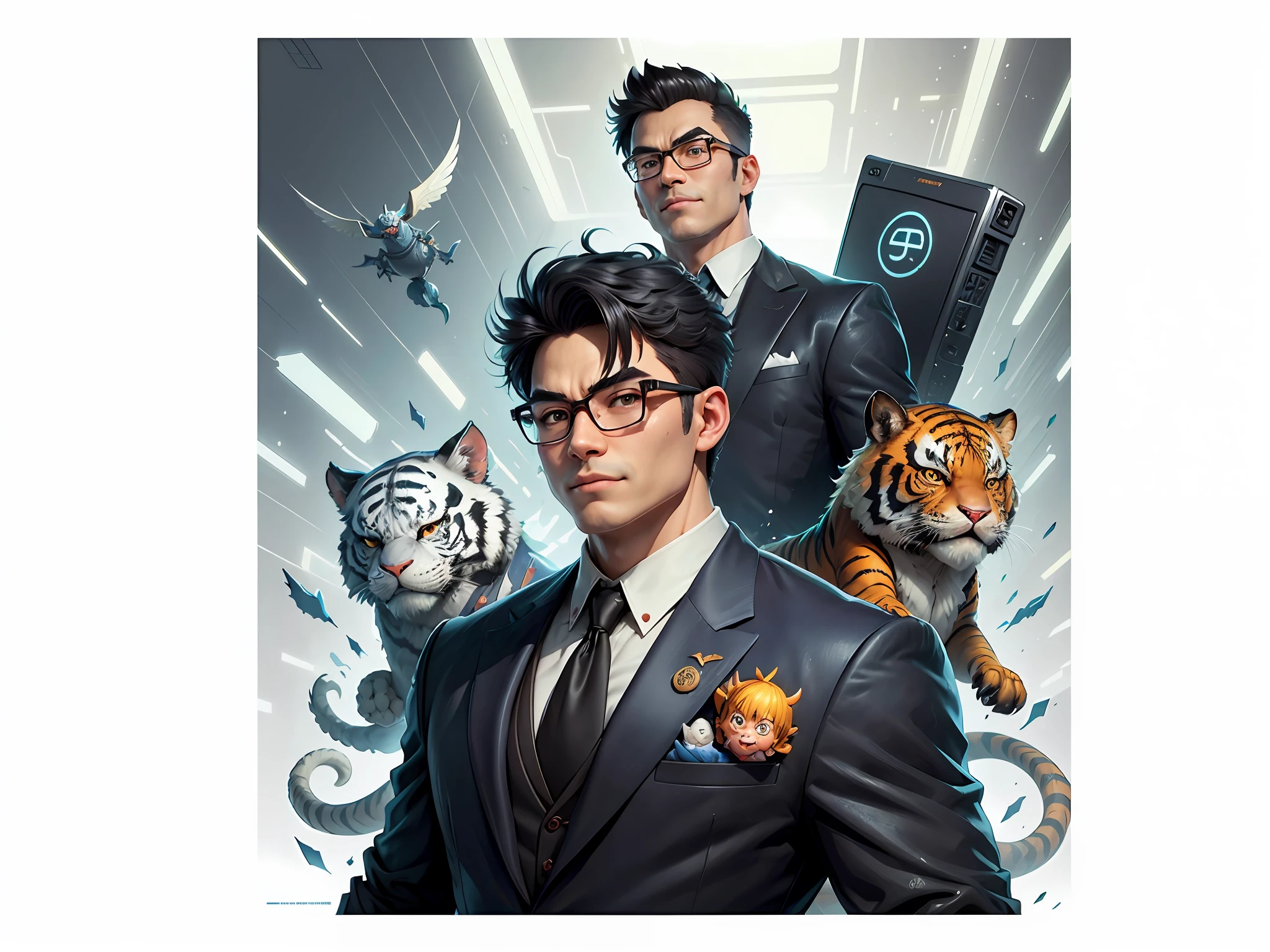 (Masterpiece), (Extreme Quality), (Super Meticulous), (Full Body: 1.2), Super Young Man, Chinese Dragon, Tiger, Wind God Thor, Sexy, Bursting, Oriental Face, TV Anchor, Bust Portrait Illustration, Black Formal Suit, Blue Tie, Slightly Chubby Face, Silver Glasses, Very Clean Face, No Beard on Chin, Black Super Short Hair, Black Eyes, Confident Smile, 3c Computer Sub-Products, iPad, iPhone, Digital Painting, 3D Character Design by Mark Claireden and Pixar and Hayao Miyazaki and Akira Toriyama, The illustration is a high-definition illustration in 4K resolution with very detailed facial features and cartoon-style visuals.