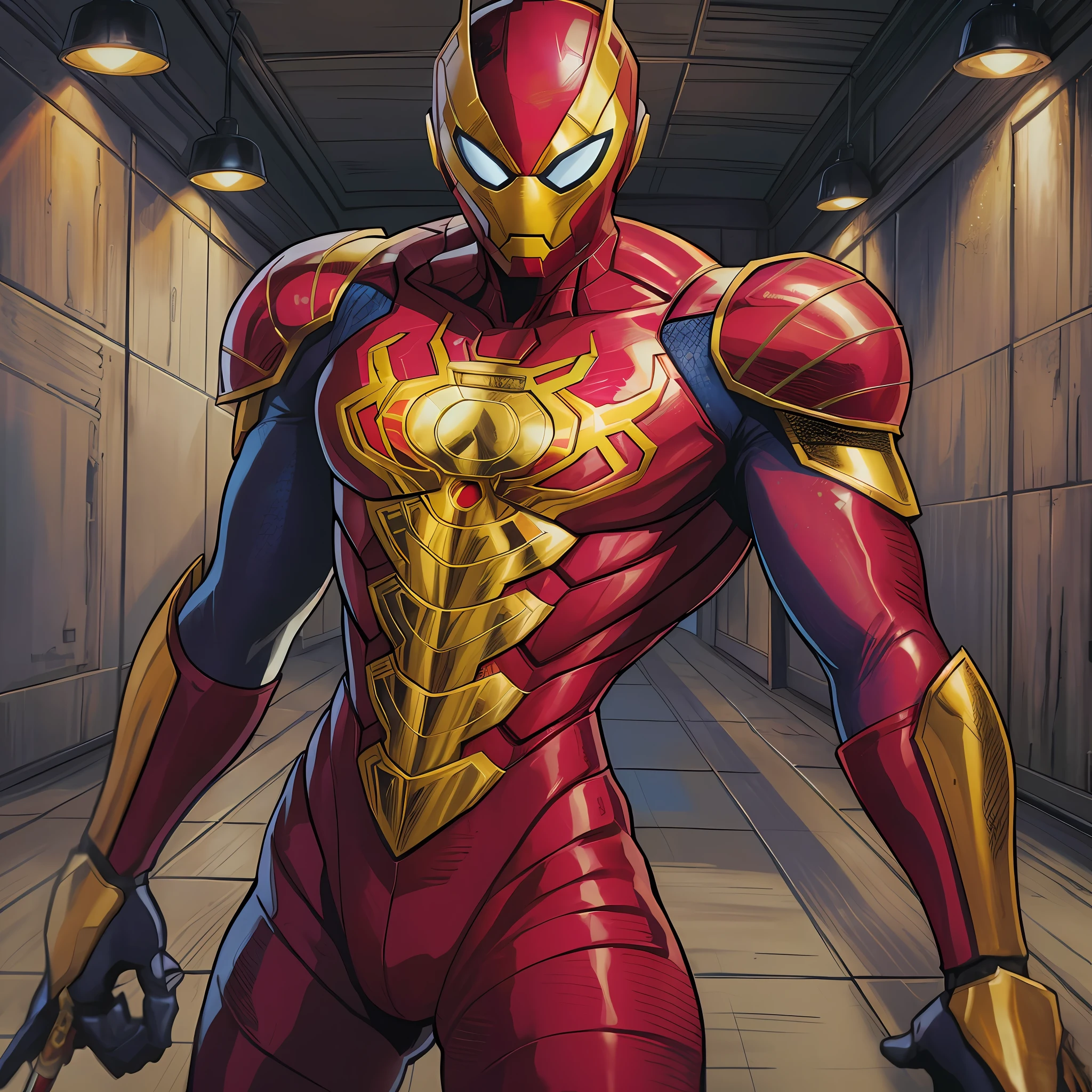 a close up of a person in a red suit with a sword, full samurai armor spiderman, spider zero, superior iron man, wearing red and yellow hero suit, inspired by Ryūsei Kishida, sakimi, inspired by José Comas Quesada, varia suit, marvel comic book characters, futuristic style spiderman, by Eddie Mendoza, red armor