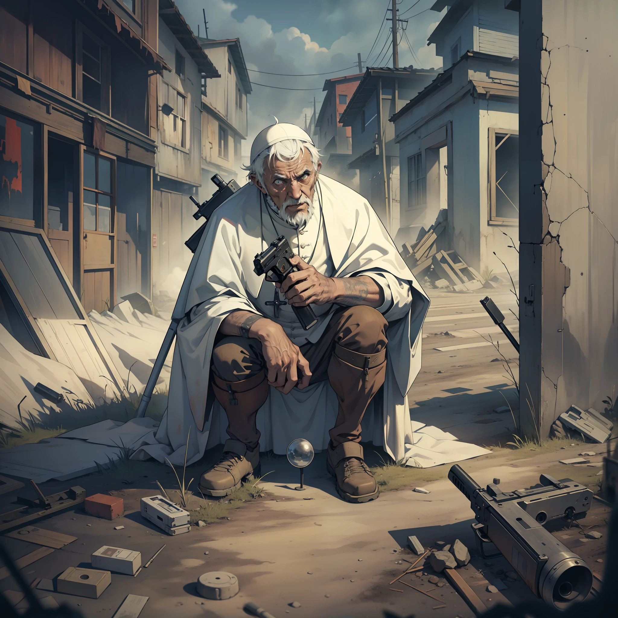 Old man, pope holding a gun, demons lying in the background, post-apocalyptic scenario