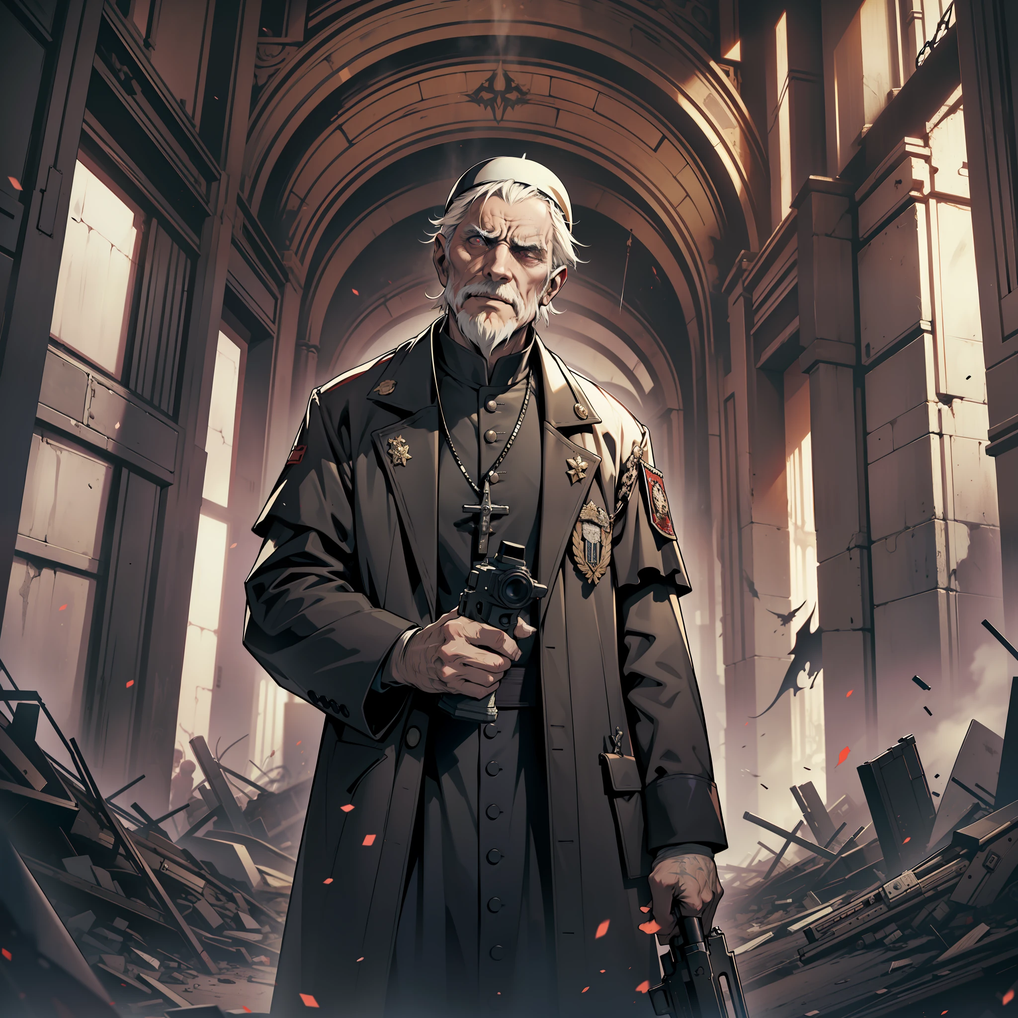 "An elderly man holding a gun, a dark, chaotic, decadent pope, in a chaotic and dystopian setting, with distinct demons lying in the background, culminating in an epic and dark image."