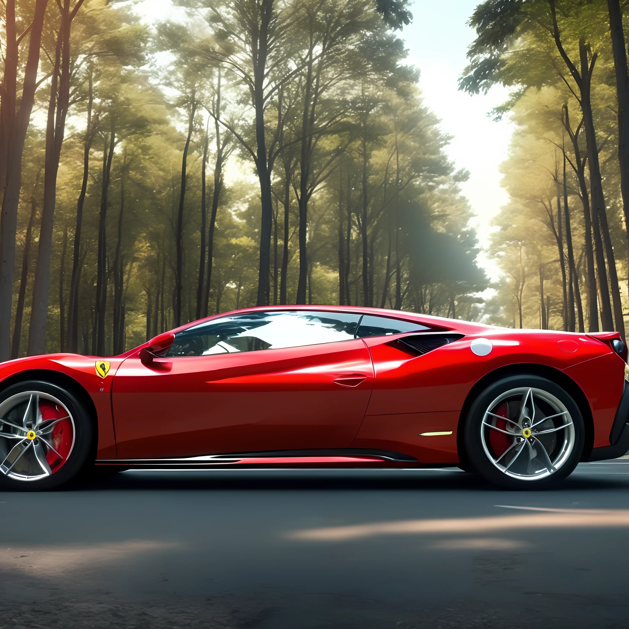 Car, ferrari, red color, middle of the road at 45º angle, smoke, tire mark on the asphalt, blue sky, rays of sun among the trees of the woods. Masterpiece, 4k