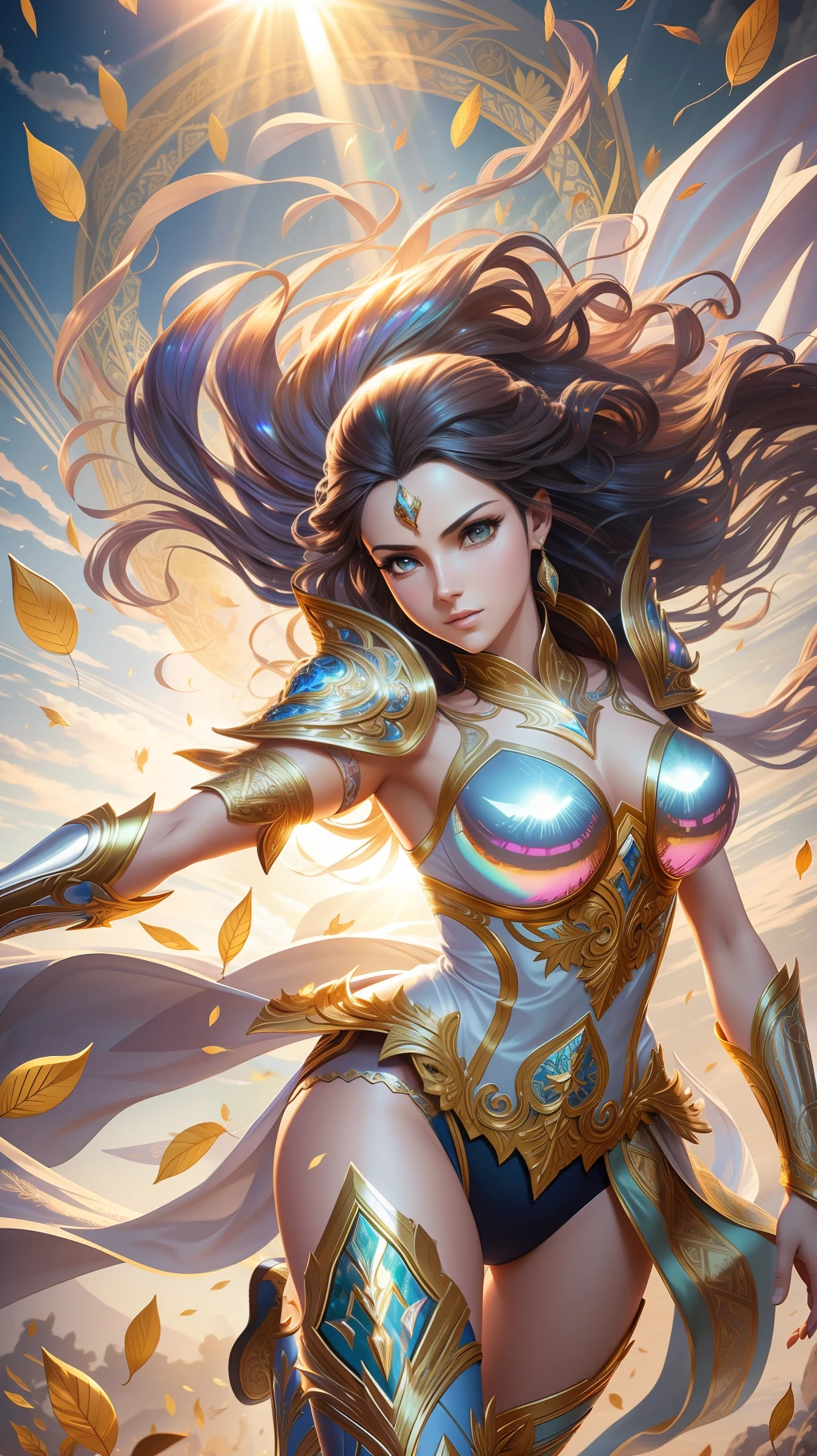 award winning concept art of tall (1girl:1.2) in pearlescent shiny ornate armor running towards the viewer, epic, god rays, centered, (masterpiece:1.2), (best quality:1.2), Amazing, highly detailed, beautiful, finely detail, warm soft color grading, Depth of field, extremely detailed 8k, fine art, stunning, iridescent, shiny, light reflections, crisp, curls, wind, flying leaves, dynamic pose, hyper realism, vibrant, sunlit, edge detection