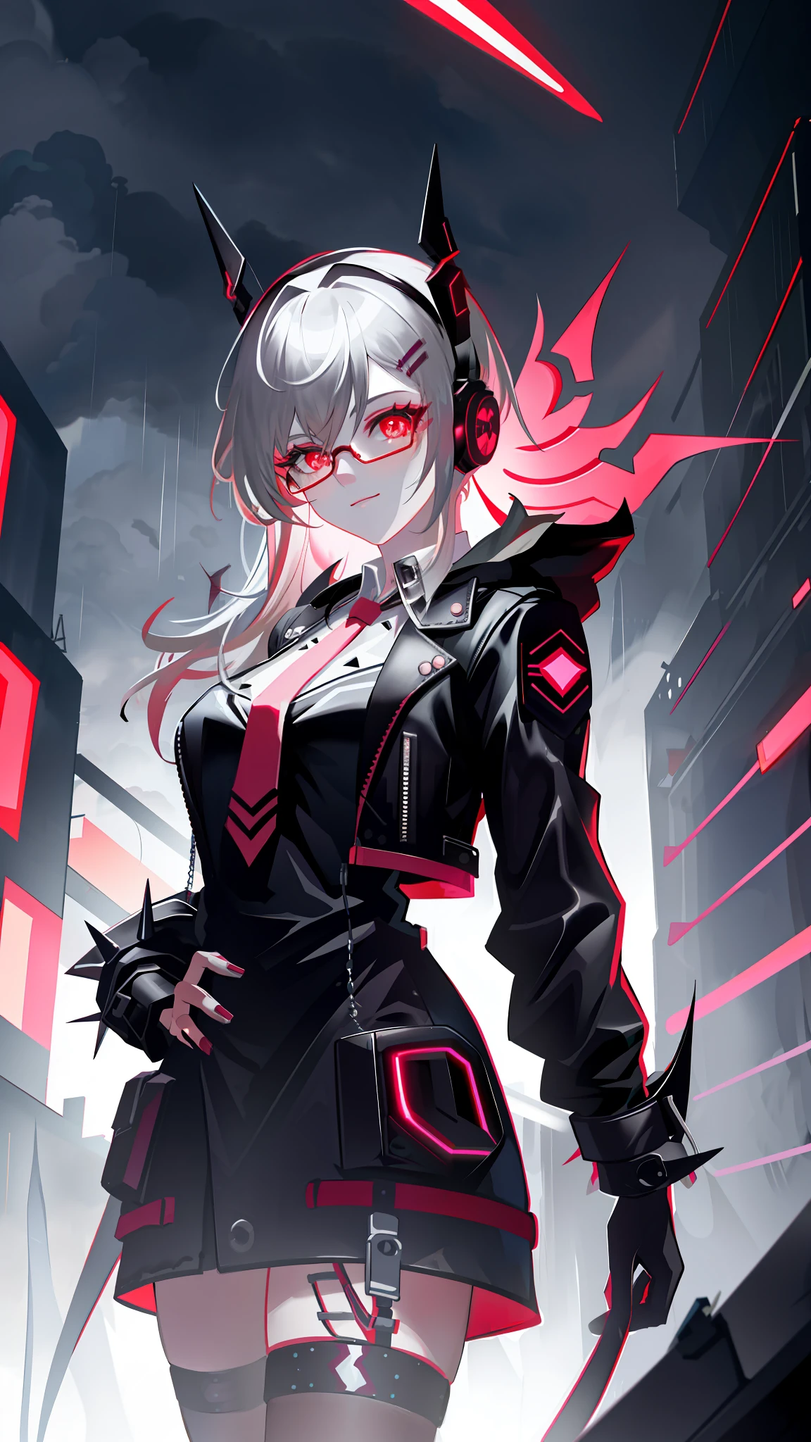 A highly detailed portrait of a solo 1girl standing on a street corner, during a rainstorm with lightning strikes and a cloudy sky, neon and cyberpunk background, she is wearing punk clothes with silver chains and silver spikes, wearing glasses, Big breast,she has a butterfly wing hairclip in her wild hair, she has headphones and a necktie on, petite, detailed glowing red eyes with distinct pupils, ominous aura Halo, smile, punk, cyberpunk, backlighting, masterpiece, best quality, intricate detail, absurdres, chromatic aberration, depth of field, soft lighting, tone mapped, highly detailed, artstation, concept art, smooth, sharp focus, dramatic lighting, vampire queen, highly detailed artwork, pink lightning, cinematic, trending on Artstation, 8K, incredible shadows, (highly detailed background:1.0)