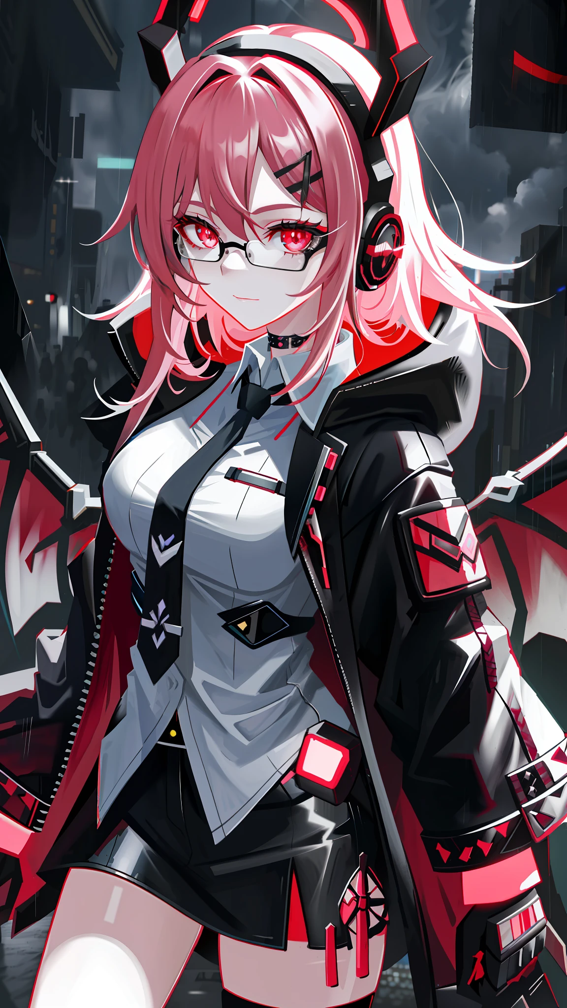 A highly detailed portrait of a solo 1girl standing on a street corner, during a rainstorm with lightning strikes and a cloudy sky, neon and cyberpunk background, she is wearing punk clothes with silver chains and silver spikes, wearing glasses, Big breast,she has a butterfly wing hairclip in her wild hair, she has headphones and a necktie on, petite, detailed glowing red eyes with distinct pupils, ominous aura Halo, smile, punk, cyberpunk, backlighting, masterpiece, best quality, intricate detail, absurdres, chromatic aberration, depth of field, soft lighting, tone mapped, highly detailed, artstation, concept art, smooth, sharp focus, dramatic lighting, vampire queen, highly detailed artwork, pink lightning, cinematic, trending on Artstation, 8K, incredible shadows, (highly detailed background:1.0)