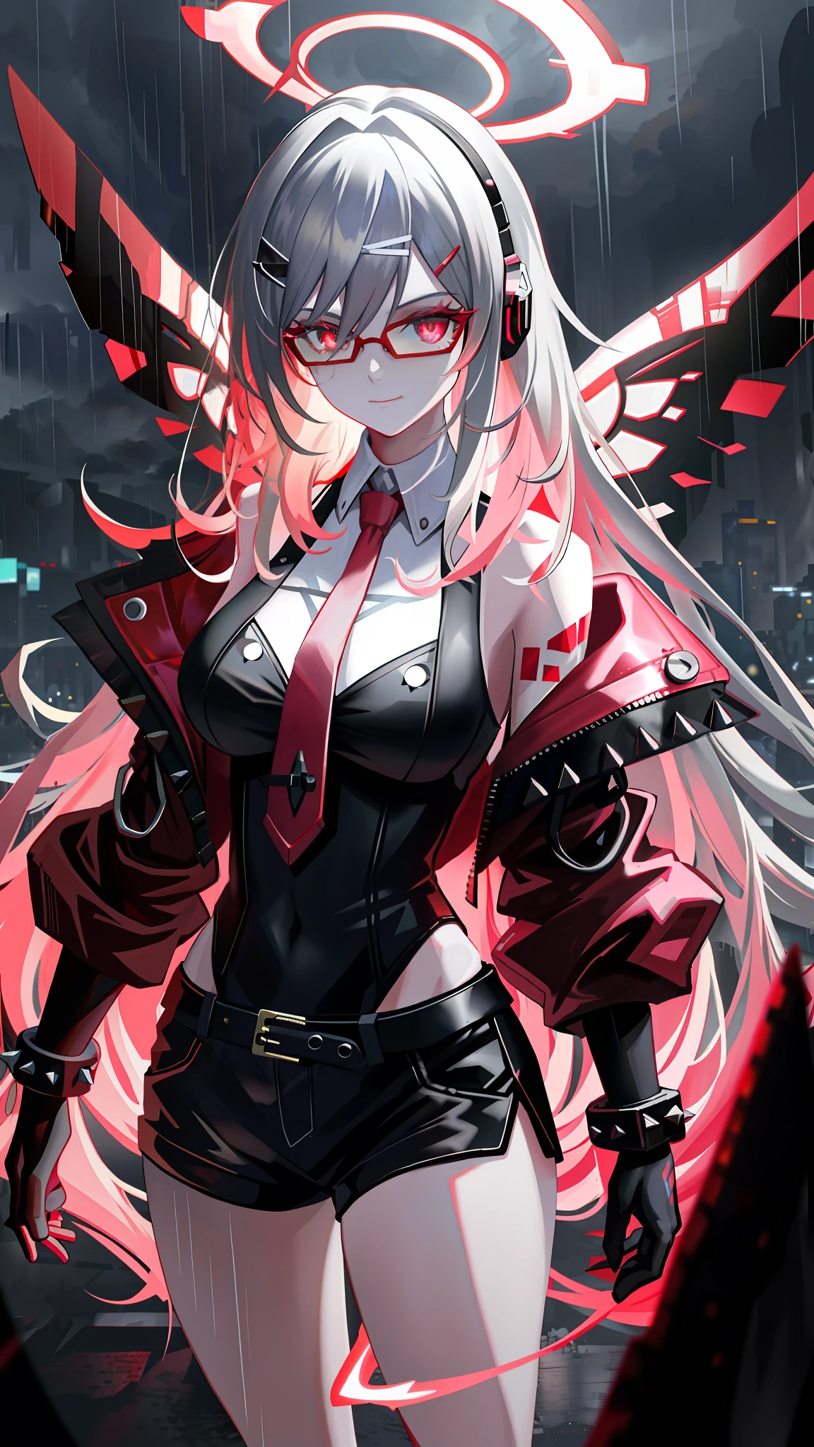 A highly detailed portrait of a solo 1girl standing on a street corner, during a rainstorm with lightning strikes and a cloudy sky, neon and cyberpunk background, she is wearing punk clothes with silver chains and silver spikes, wearing glasses, Big breast,she has a butterfly wing hairclip in her wild hair, she has headphones and a necktie on, petite, detailed glowing red eyes with distinct pupils, ominous aura Halo, smile, punk, cyberpunk, backlighting, masterpiece, best quality, intricate detail, absurdres, chromatic aberration, depth of field, soft lighting, tone mapped, highly detailed, artstation, concept art, smooth, sharp focus, dramatic lighting, vampire queen, highly detailed artwork, pink lightning, cinematic, trending on Artstation, 8K, incredible shadows, (highly detailed background:1.0)