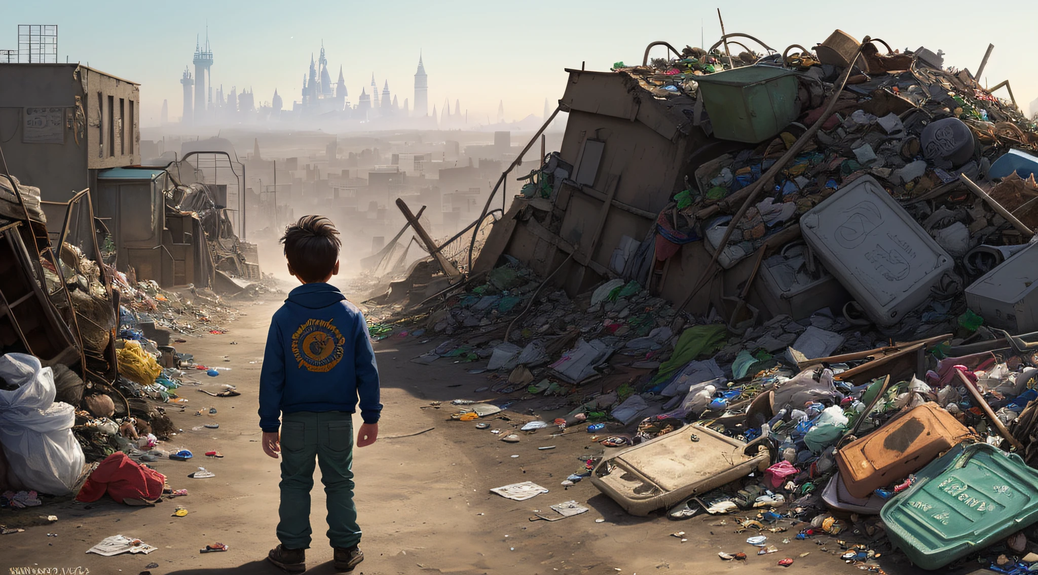 A little boy holding a medal standing on the garbage heap , the mood is sad , Disney style, the focus is on standing on the garbage heap, big scene, concept original art style, wasteland style, 16k, the protagonist is a little boy