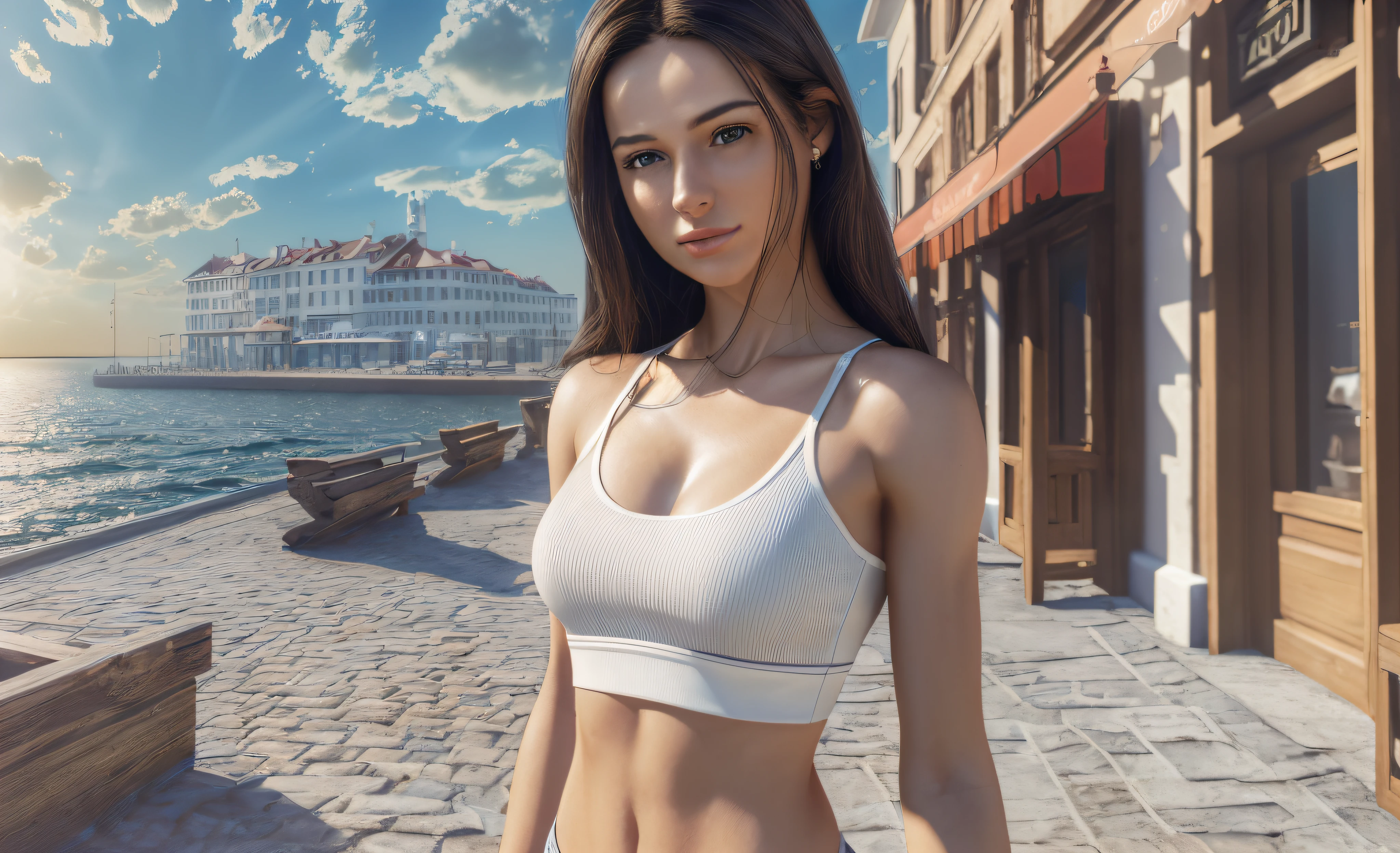 ((Realistic lighting, Best quality, 8K, Masterpiece:1.3)), Focus:1.2, 1girl, Perfect Figure:1.4, Slim Abs:1.1, ((Dark Brown Hair)), (White Crop Top: 1.4), (Outdoor, Seaside: 1.1), City Street, Super Fine Face, Fine Eyes, Double Eyelids,