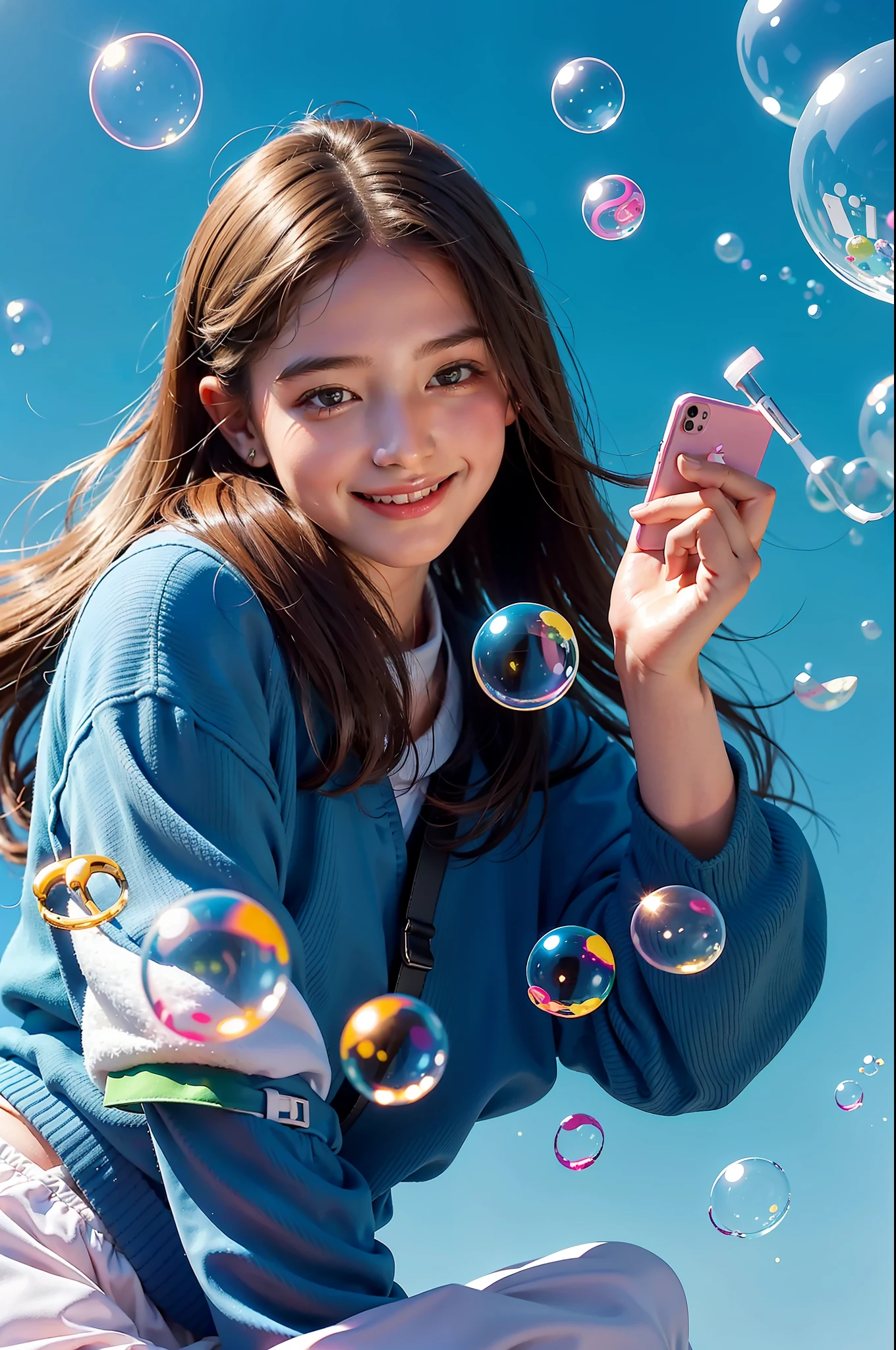 A smiling girl named Sofia, 12, appears using a cell phone with social networks represented by colorful bubbles floating around her.