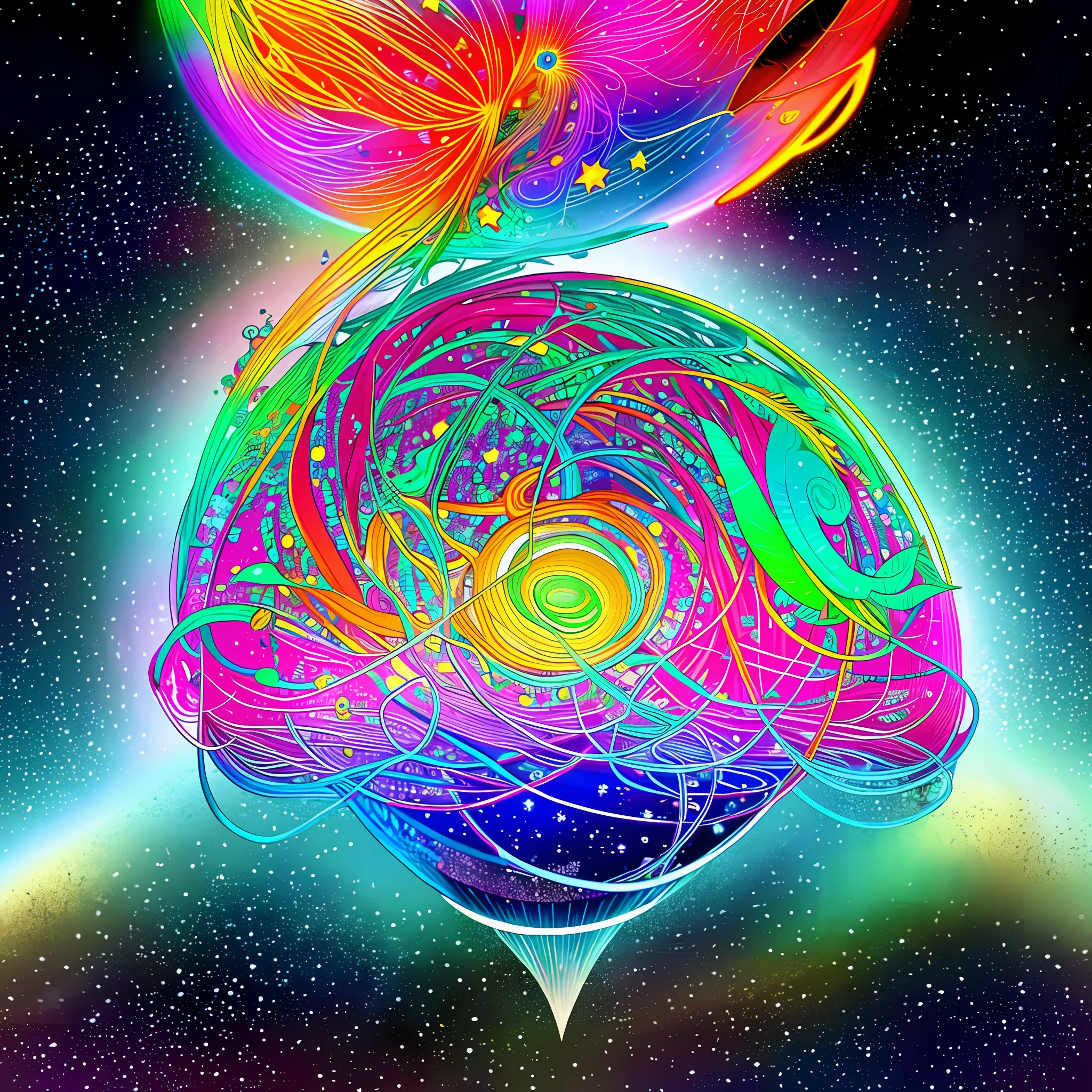 The image shows a vibrant, surreal universe where stars are formed by bright musical notes. In the center, there is a large head made of an intricate tangle of colorful musical threads, representing the musical mind. The threads extend throughout the cosmos, connecting to floating musical instruments and scores that blend harmoniously.