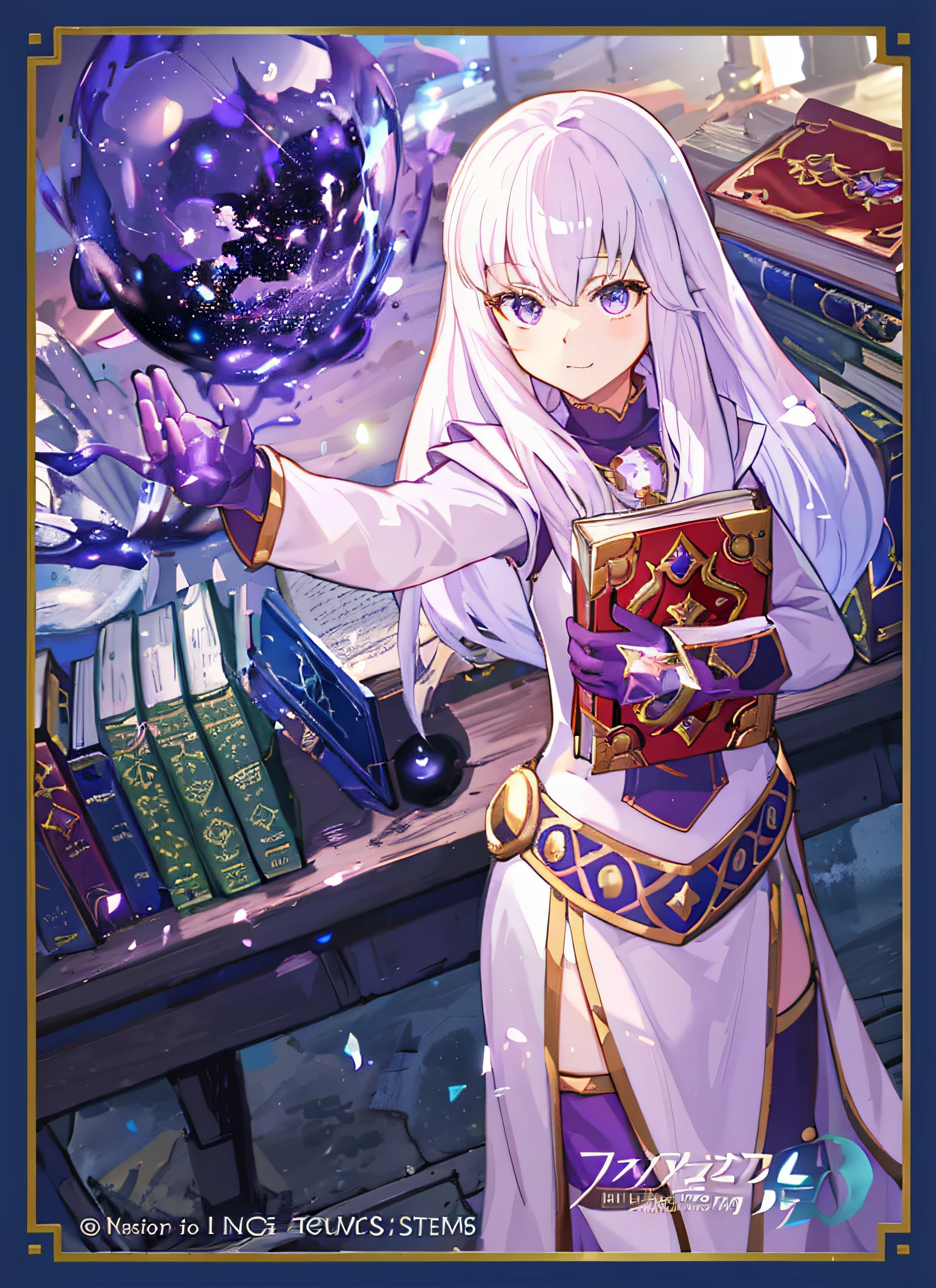 a picture taken from a video game of a woman holding a book, alchemist girl, infinite celestial library, isekai, fate grand order, isekai manga panel, epic light novel art cover, light novel cover art, extended art, beautiful celestial mage, crafting spells, crisp clear rpg portrait, female mage!, popular isekai anime, shadowverse style