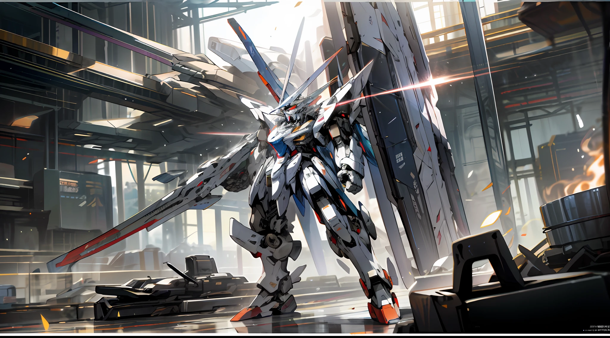 Surrealism, ray tracing, UHD, high details, 8k, best quality, textured skin, (1 Gundam mech), mecha dragon, masterpiece, best quality, mecha, unmanned, (full body), (white mech: 1.5), (axisymmetry: 1.4), (HDR), (movie light: 1.1), white eyes, cool, science fiction, fire, laser cannon beam, war, conflict, a head of mecha in background on left angle , (holding huge weapons: 1.5), holding oversized shields, mecha men, vector