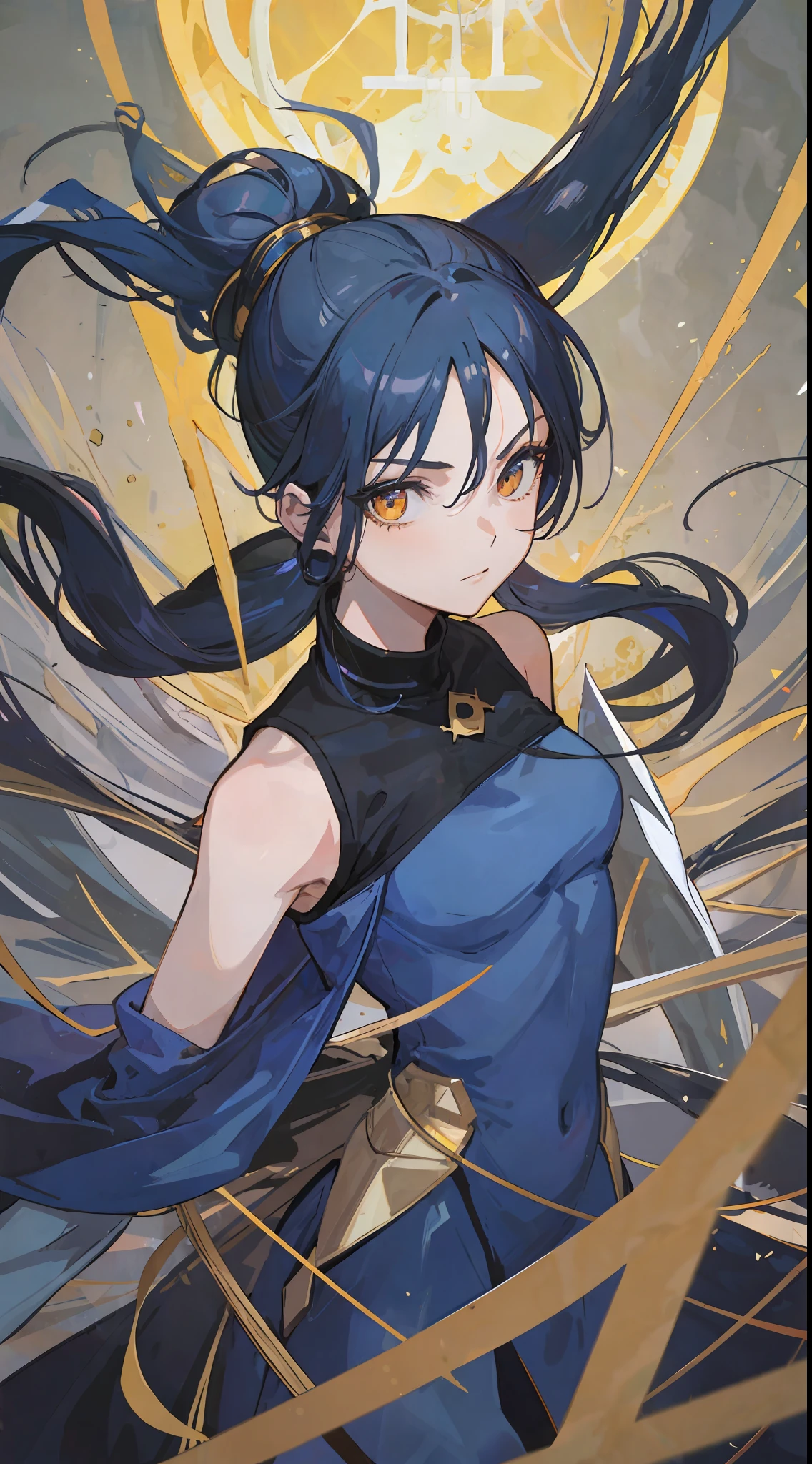 1Girl, long dark blue hair in a ponytail, sharp golden eyes, wearing a spaceship crew outfit, make it like tarot anime-style but no frame