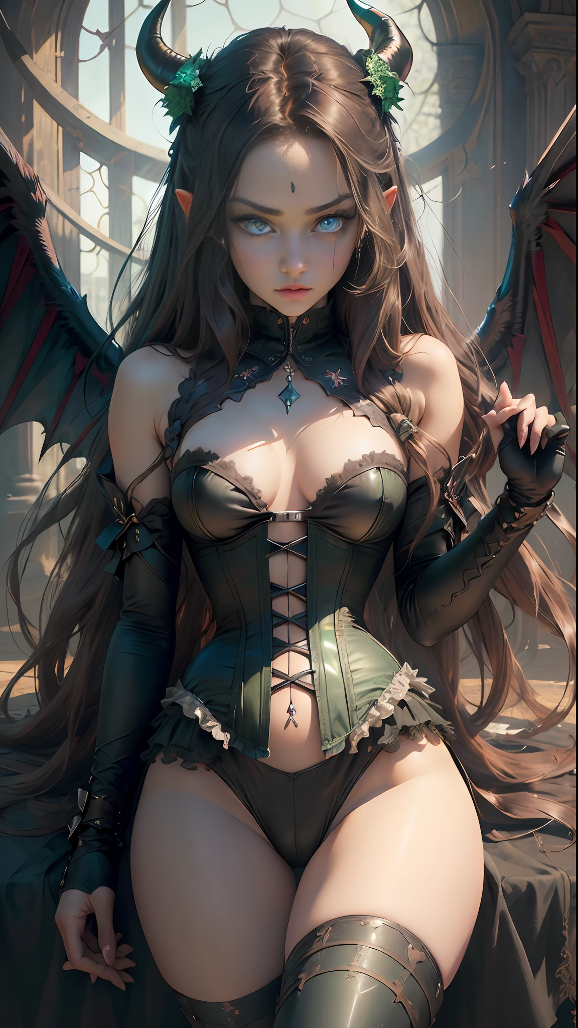 (((Perfect eyes))), ((Perfect limbs))), ((Perfect feature))),Realistic masterpiece of a demon girl with long brown hair , a corset, horns, black wings, cat eyes, and perfect green eyes in a dark environment.