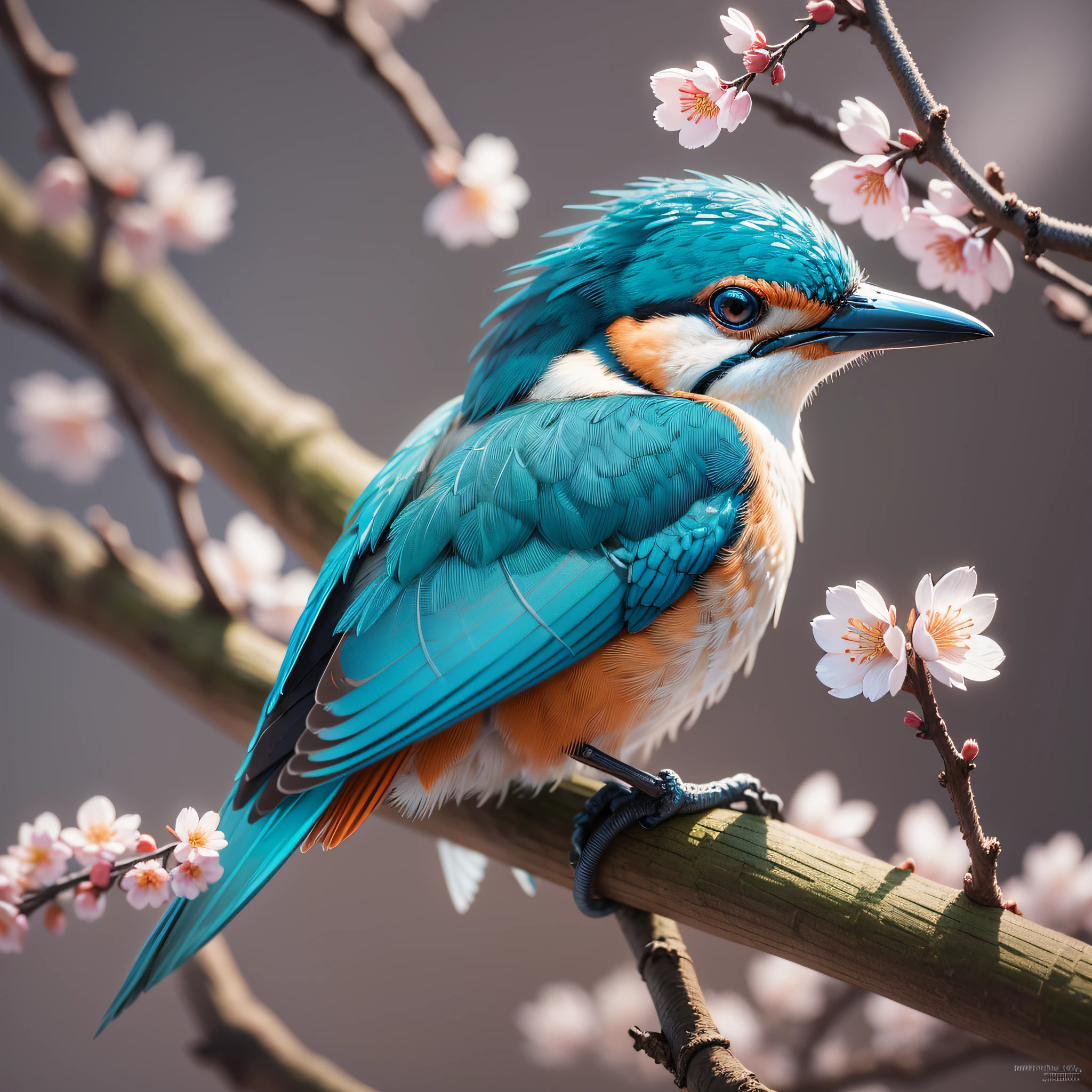 Superb Kingfisher Near White Cherry Blossoms on Branches, Dark, Dawn, (Cold Morning: 1.1), (Morning Dew: 1.15), Realistic Photography, (Low Photo: 1.2), Detail, 8K, Intricate Folded Feathers, Water Droplets on Feathers, (to8contrast style), (MIST: 0.7), Bright Colors, Sony a6600 Mirrorless Camera, embellish2 --auto --v 6