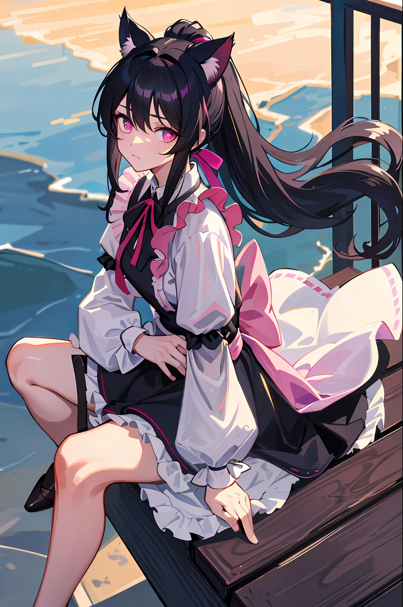 Long hair and double ponytail, black hair, cat lady, pink pupils, black maid outfit, hands holding calves, sitting on the roof railing, holding a delicate and beautiful magic sword, eyes are indifferent, long hair fluttering in the wind