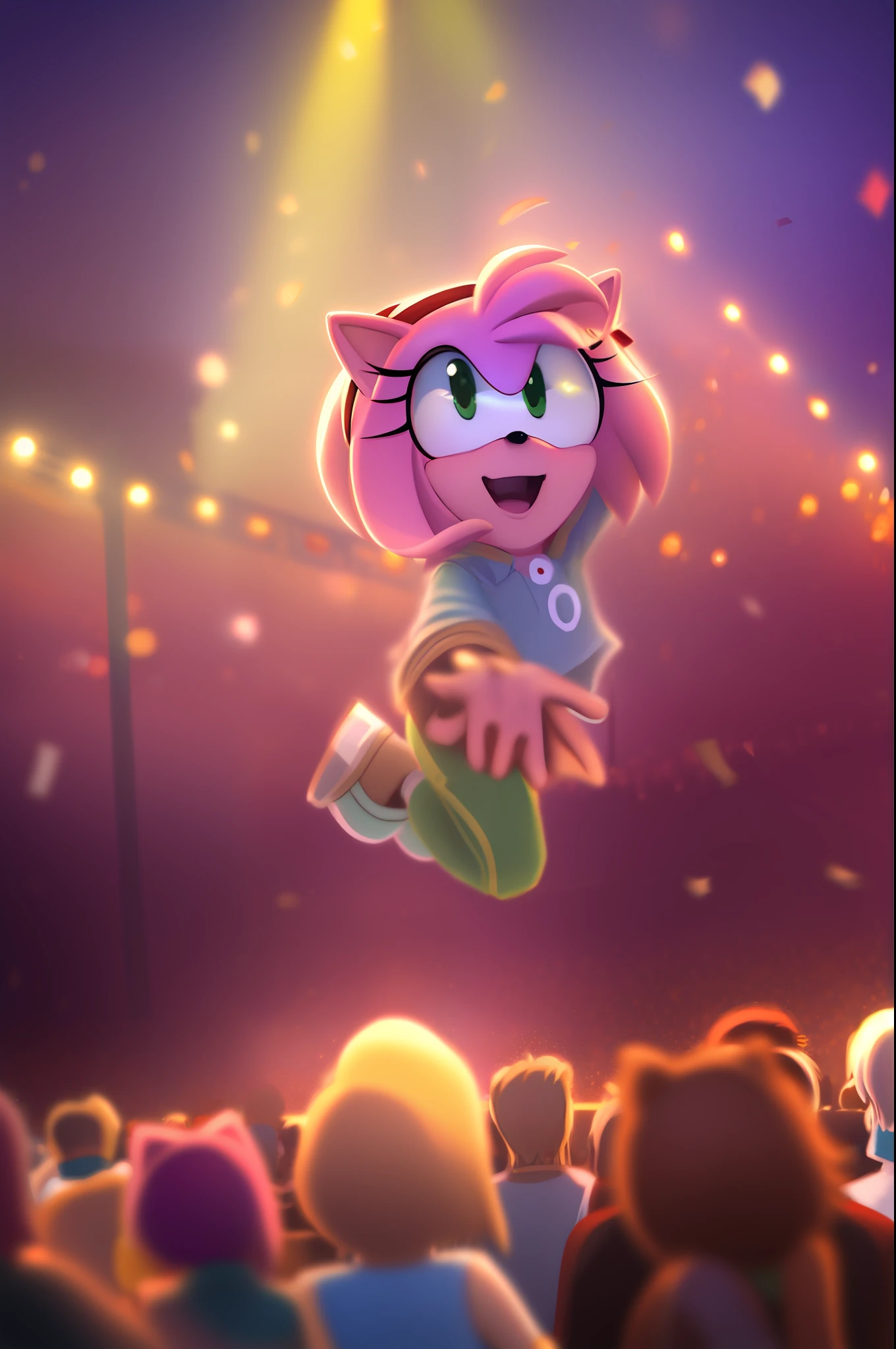 amy rose, full body, guitar, stage, jumping, crowd, casual clothes, masterpiece, soft lighting, very detailed, detailed background, field of view, intricate details, pastel