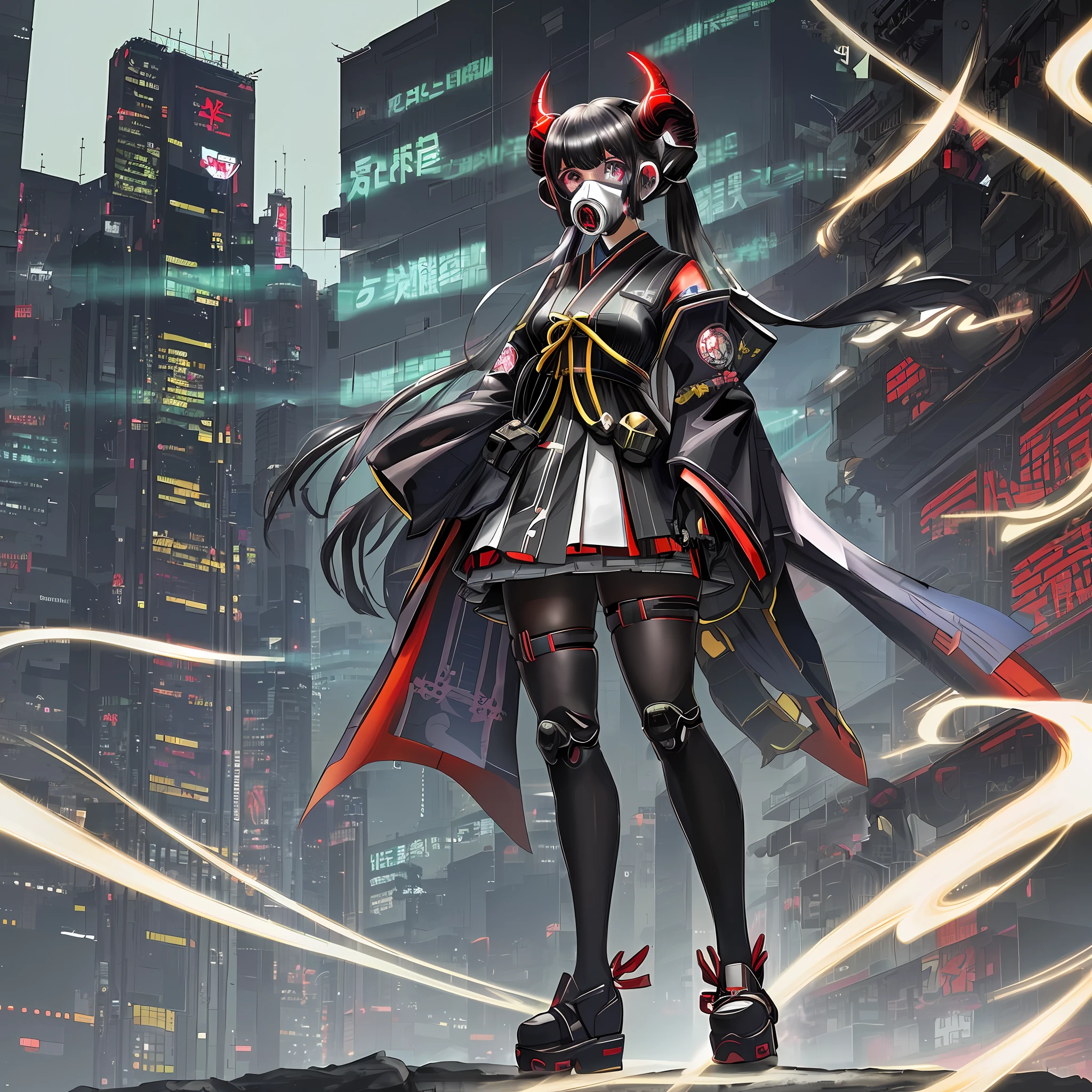 VTuber, self-character, (adult tall woman, horns grown, illustration, full body, Japanese style,

cyberpunk,

It's a Japanese-style costume, but I want to change the atmosphere, so I would like to ask you to start with the costume design.

Gas masks, masks that are a little messy,