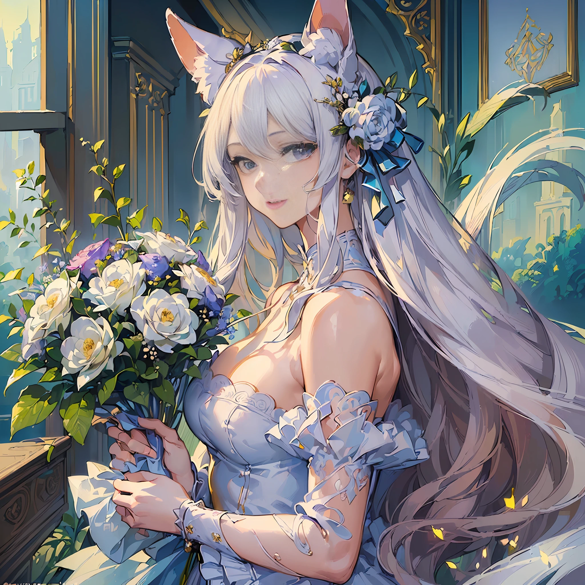 (masterpiece, top quality, best quality, beautiful illustration,official art, beautiful and aesthetic,1woman,:1.5),(A woman holding a bouquet and looking at you:1.5),White long hair, gradient, chiffon dress, shining eyes, fox ears, smile, happy expression, bouquet, loose, fun, masterpiece backgrand, right human body