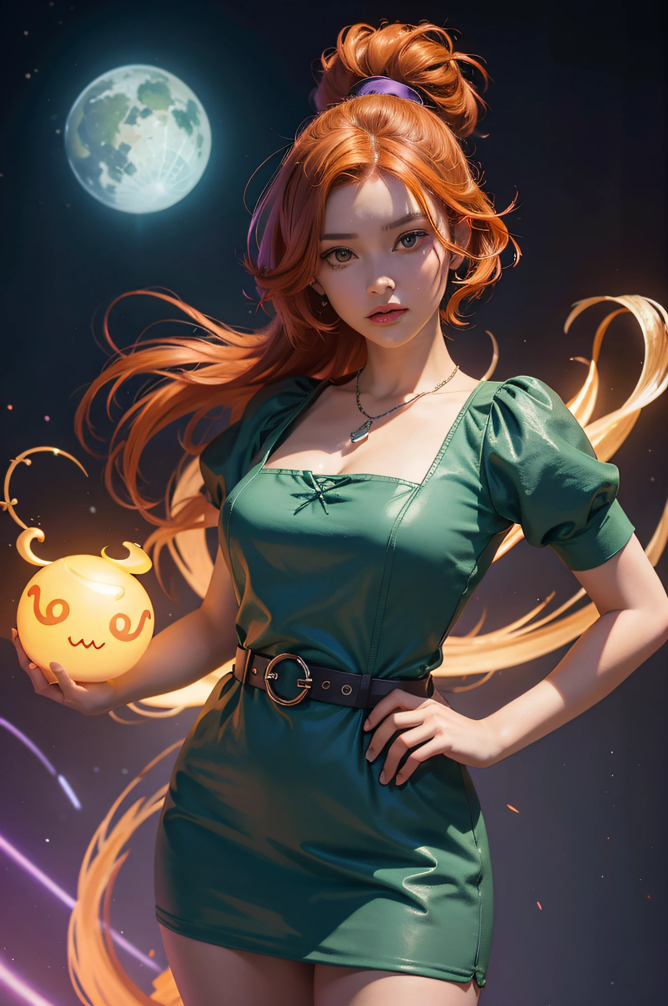 concept art, overhead angle of a Will-o'-the-wisp, wearing Funny Somali Emerald deep orange Pinafore, Caramel hair styled as Short hair, fluorescent purple Hair tie, equirectangular 360, Highres,  [(art by Willi Baumeister:1.1), (art by John T. Biggers:1.2)::17], official art, unity 8k wallpaper, ultra detailed, aesthetic, masterpiece, best quality, photorealistic