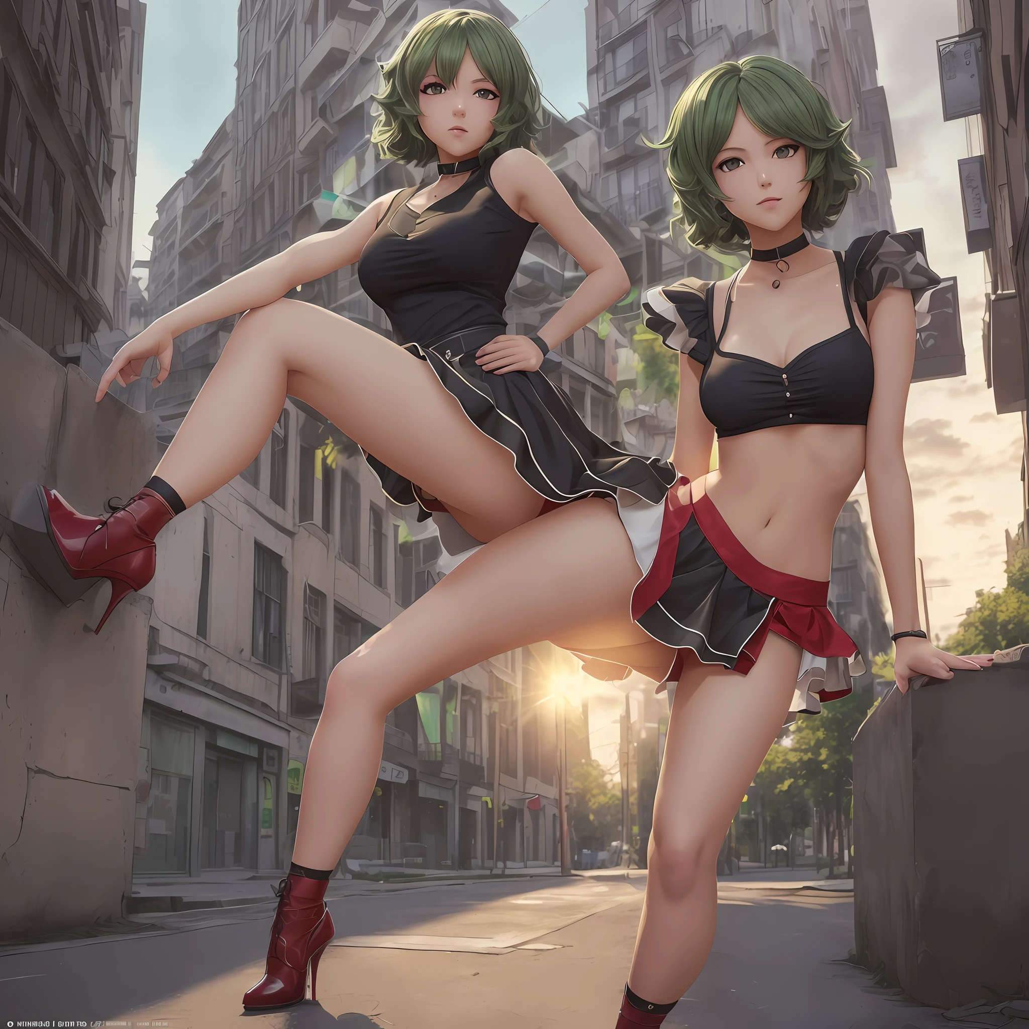Tatsumaki, green hair, ((medium chest, tomboy girl, small head)), daylight, sunlight, (perfect body: 1.1), (young), (short wavy hair: 1.2), choker, full body photo, busy street, ((miniskirt)), (extremely detailed CG 8k wallpaper), (an extremely delicate and beautiful piece), (masterpiece), (best quality: 1.0), (high resolution: 1.0), beautiful lighting, perfect lightning,  pulled skirt, realistic shadows, [highres], detailed, ultra-detailed skin, open thigh, one leg up, crouched on the floor, black thigh, red high heels, large earring, thighs, (((colored))), (loosely worn top), beauty mark