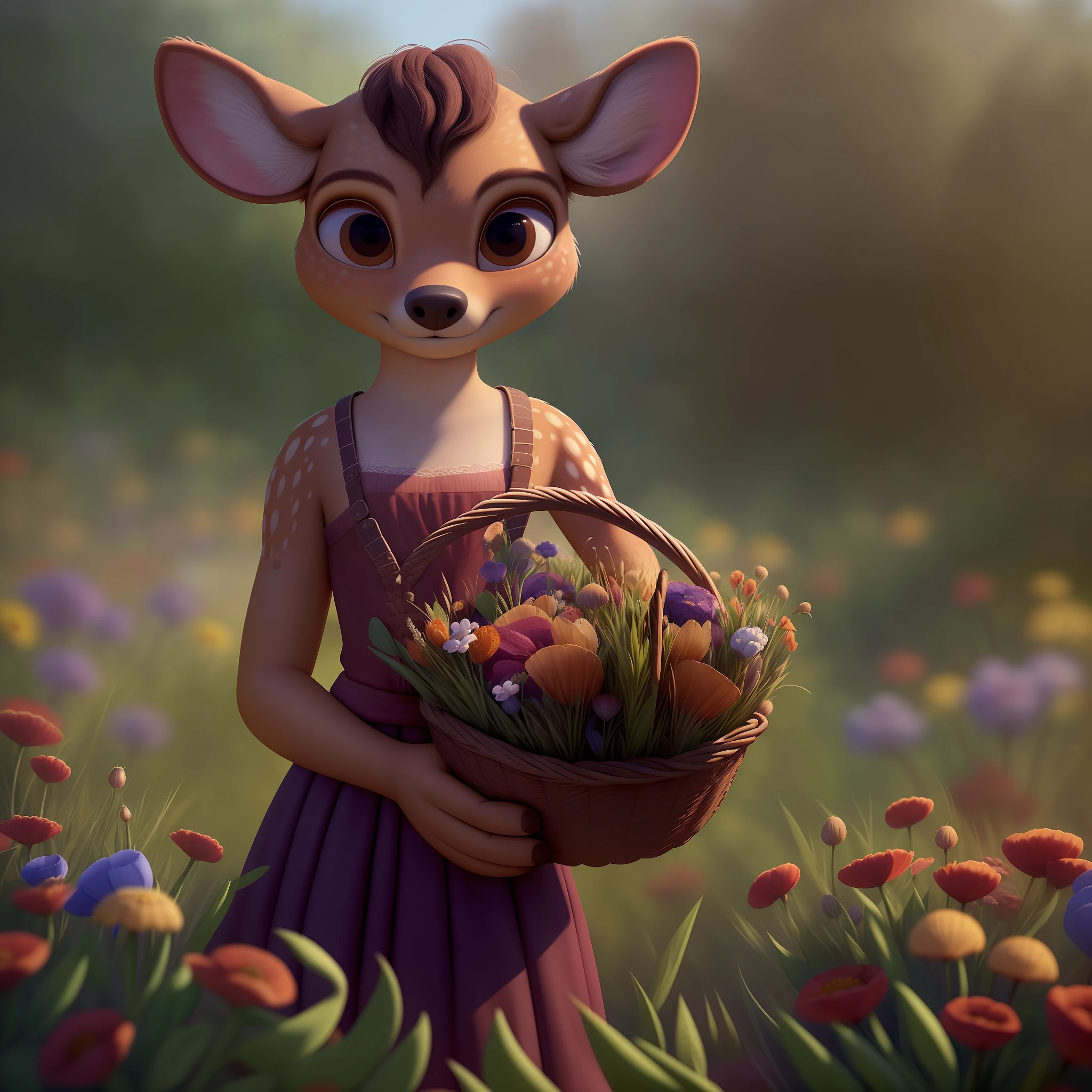 (pixarstyle:1.25) a waist-length portrait of a little deer with a basket of flowers, overgrown with poppy flower, natural skin texture, 4k textures, hdr, intricate, highly detailed, sharp focus, cinematic look, hyperdetailed