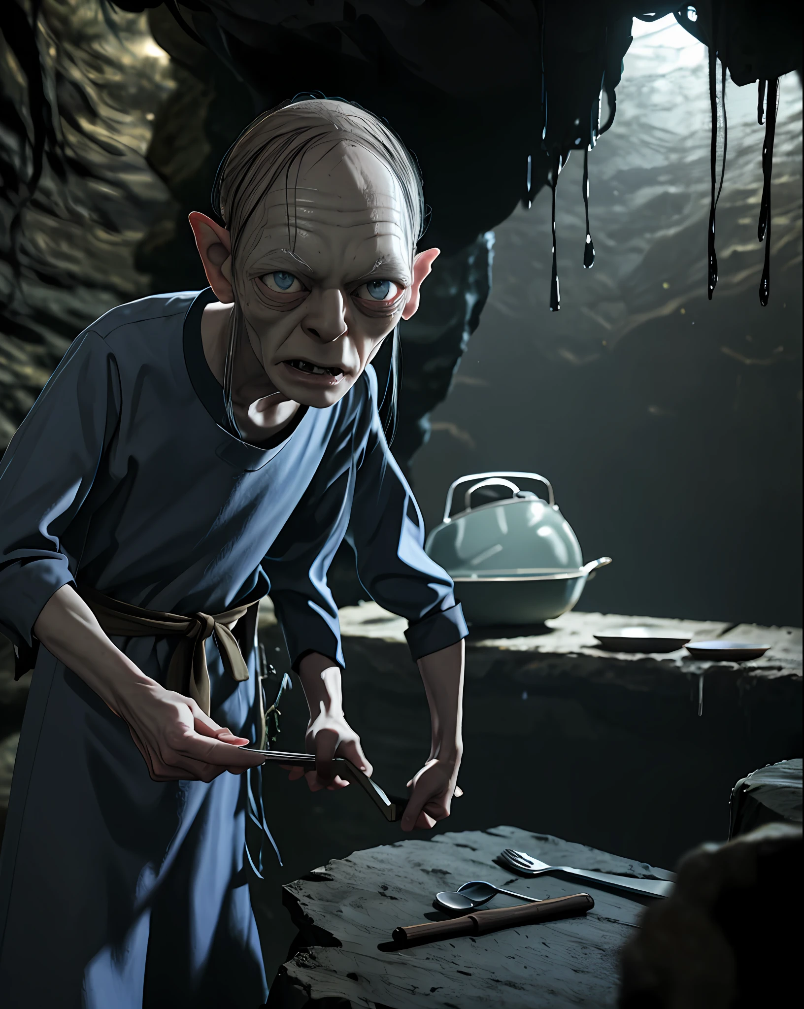 masterpiece, best quality, detailed, smeagol, a man with a weird face and a weird haircut, (thin:1.2), cavern background, (kitchen outfit:1.2), detailed face, looking at viewer, (upper body:1.2)