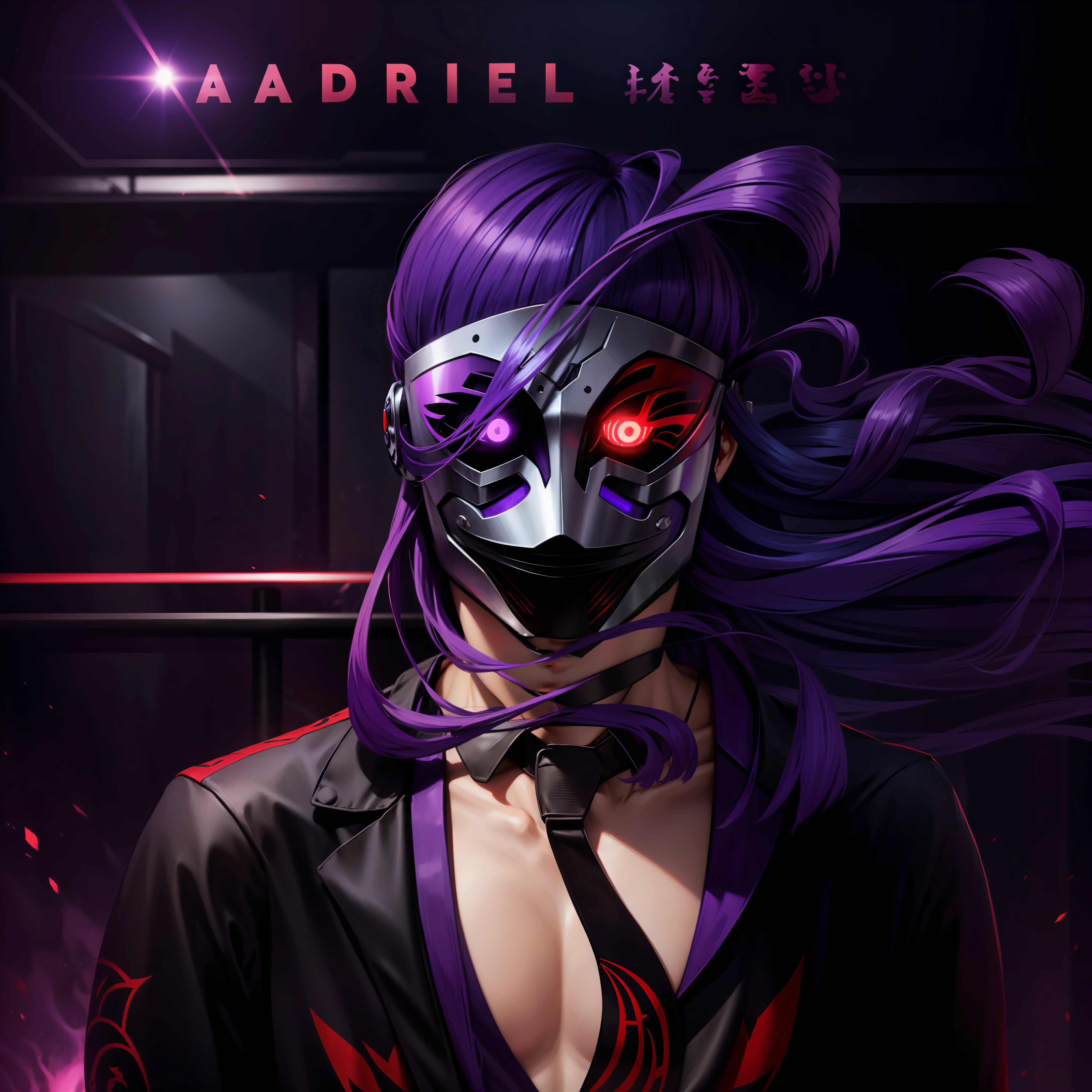 Anime, Mask,Long Hair,Purple and Blue Hair, Red Light Coming Out of Mask