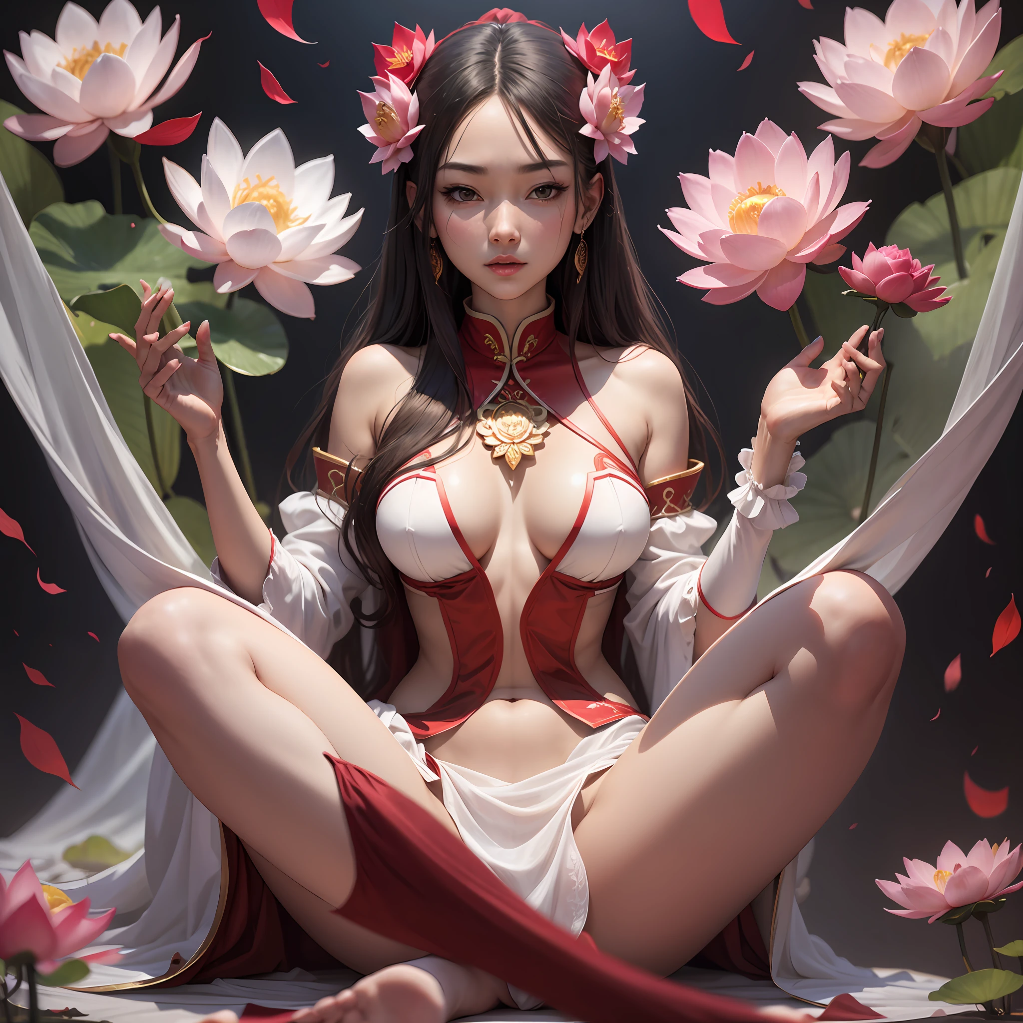 Excellent, masterpiece, high quality, full-body photo, her red clothes covered body, slender jade neck, a crisp chest like condensed white jade, half covered and half hidden, a bunch of plain waist, not a grip, a pair of long moist and well-proportioned legs are exposed, even the beautiful lotus feet are silently enchanting, issuing a tempting invitation. --auto --s2