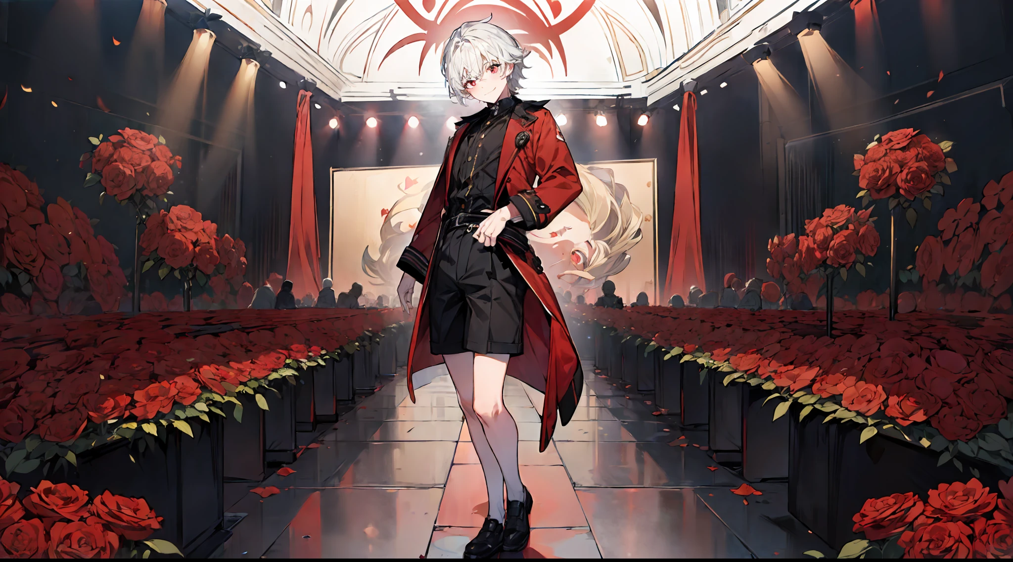 ((masterpiece)),(((best quality))), (high-quality, breathtaking),(expressive eyes, perfect face), short, young boy, short white hair, red eyes, smiling, black idol outfit, wear short shorts, shine, glow, red roses, on stage, singing