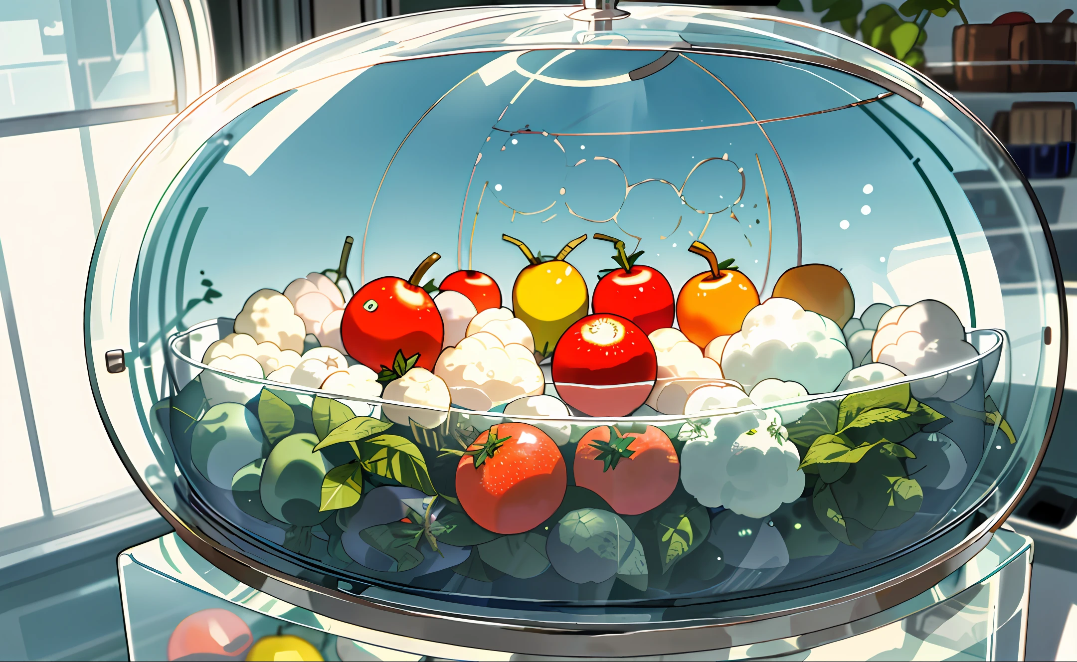 Vegetable fruit refrigerator! Small fridge! There is a spherical space on the top to store fresh fruit! The semi-circular transparent glass material can be exposed to the outside and can be made into a revolving door at 180 degrees! The glass door on the front allows you to clearly see the treated fruits and vegetables!