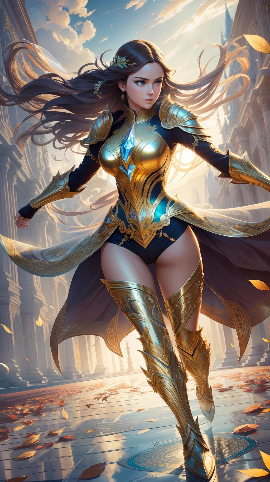 award winning concept art of tall (1girl:1.2) in glass shiny ornate armor running towards the viewer, epic, god rays, centered, (masterpiece:1.2), (best quality:1.2), Amazing, highly detailed, beautiful, finely detail, warm soft color grading, Depth of field, extremely detailed 8k, fine art, stunning, iridescent, shiny, light reflections, crisp, curls, wind, flying leaves, dynamic pose, hyper realism, vibrant, sunlit, edge detection