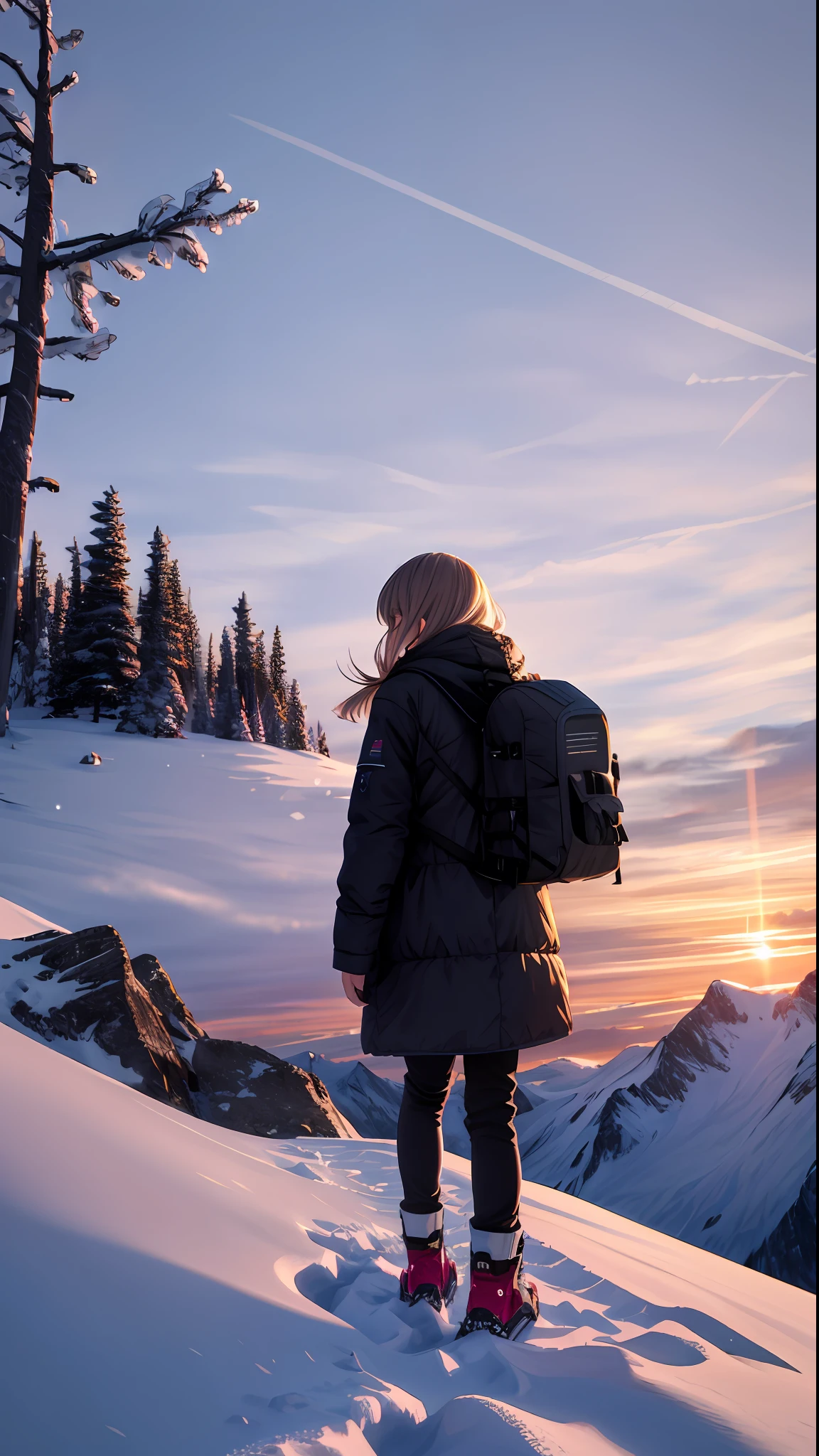 Masterpiece, best quality, 1girl, solo, from behind, backpack, winter clothes, sunset, arctic, glacier, snow, alpine forest, mountainous horizon, sky, trees, warm lighting, hyperrealistic, detailed background, depth of field, rimlighting, specular highlights, bloom, atmospheric lighting