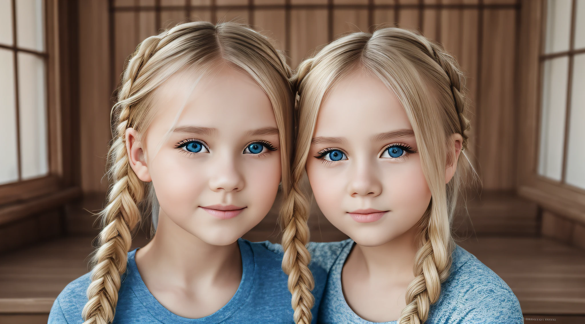 Realistic photograph, 2heads, a BLONDE RUSSIAN GIRL IN BRAIDS, posing for a photo, blue t-shirt, curvy arms, hair LOIRO, incredibly beautiful, strong pose, very beautiful, identical faces, , Korean --auto --s2