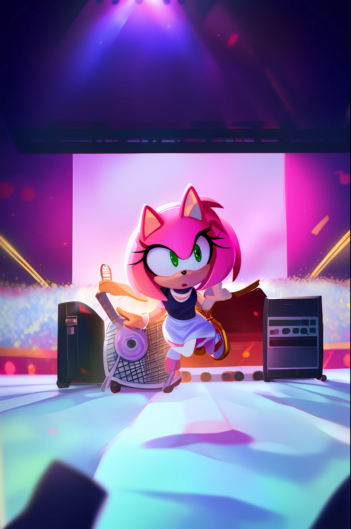 Amy Rose, full body, red guitar, stage, jumping, crowd, white casual clothes, masterpiece, soft lighting, very detailed, detailed background, field of view, intricate details, pastel