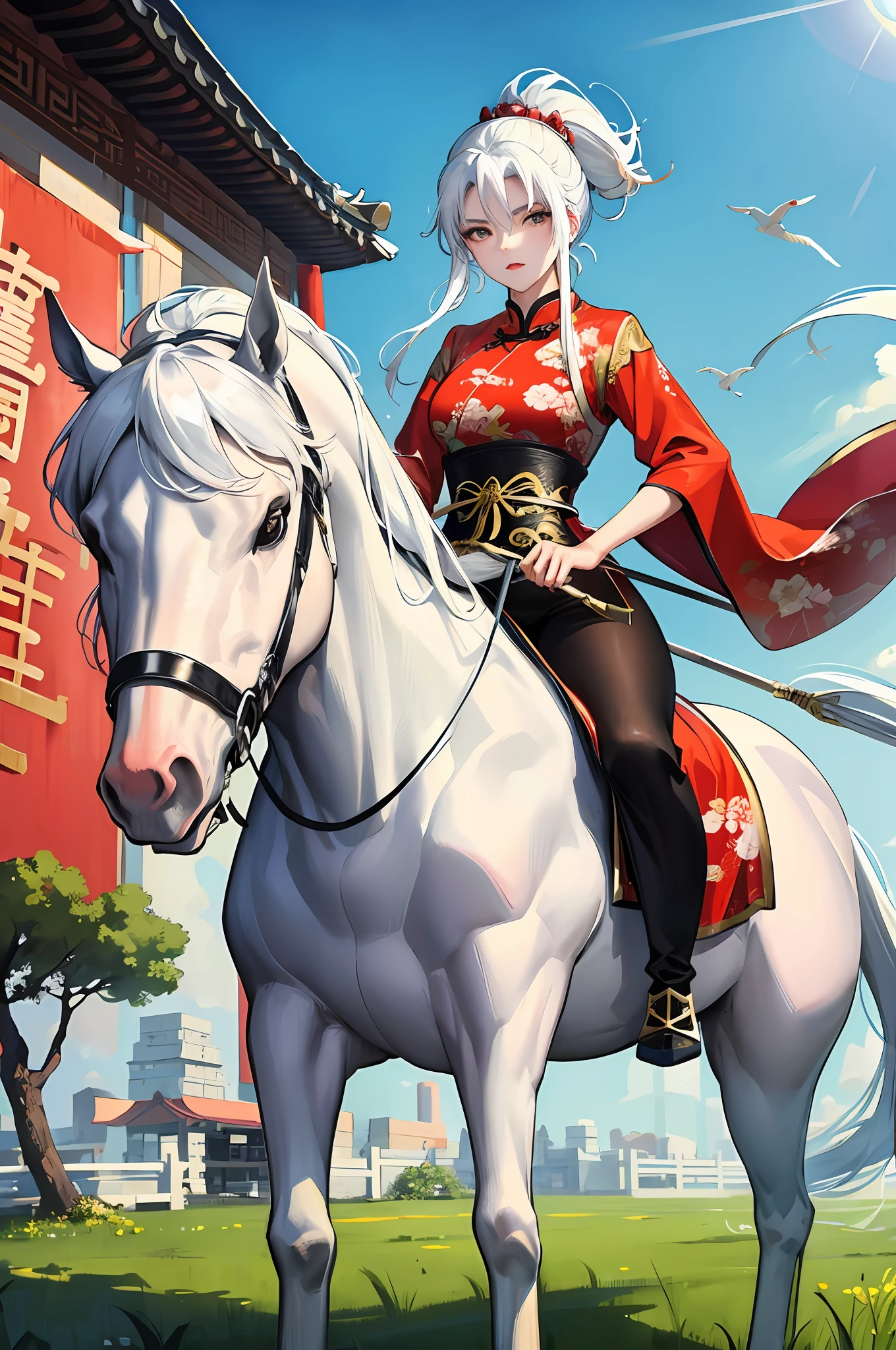 Masterpiece, Excellent, Daytime, Outdoor, Chinese Style, Ancient Chinese, 1 Woman, Mature Woman, Freshly Dressed Angry Horse, White Hair Spear Horse Riding
