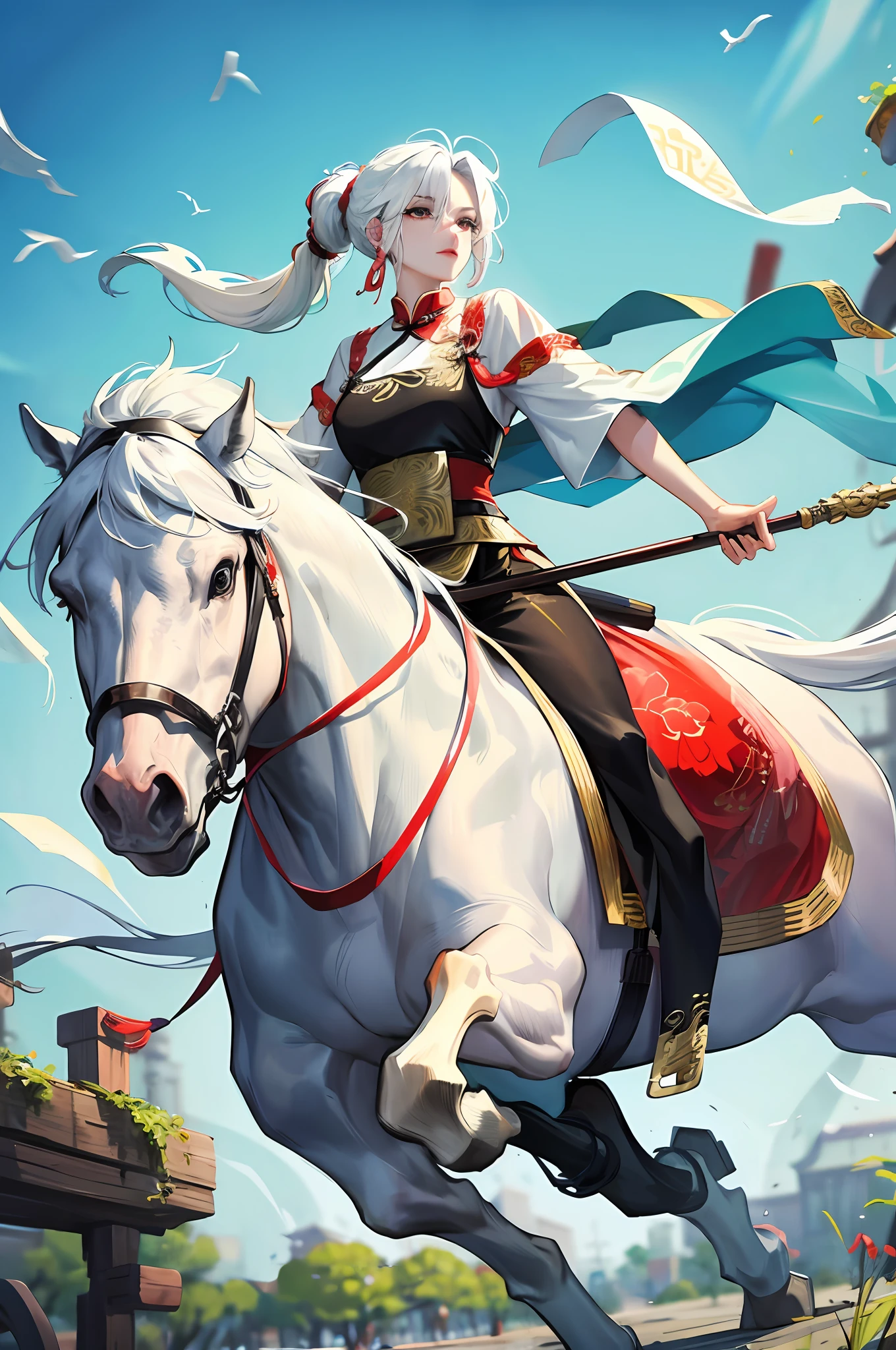 Masterpiece, Excellent, Daytime, Outdoor, Chinese Style, Ancient Chinese, 1 Woman, Mature Woman, Freshly Dressed Angry Horse, White Hair Spear Horse Riding