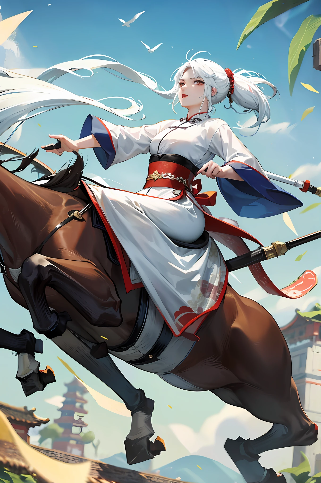 Masterpiece, Excellent, Daytime, Outdoor, Chinese Style, Ancient Chinese, 1 Woman, Mature Woman, Freshly Dressed Angry Horse, White Hair Spear Horse Riding
