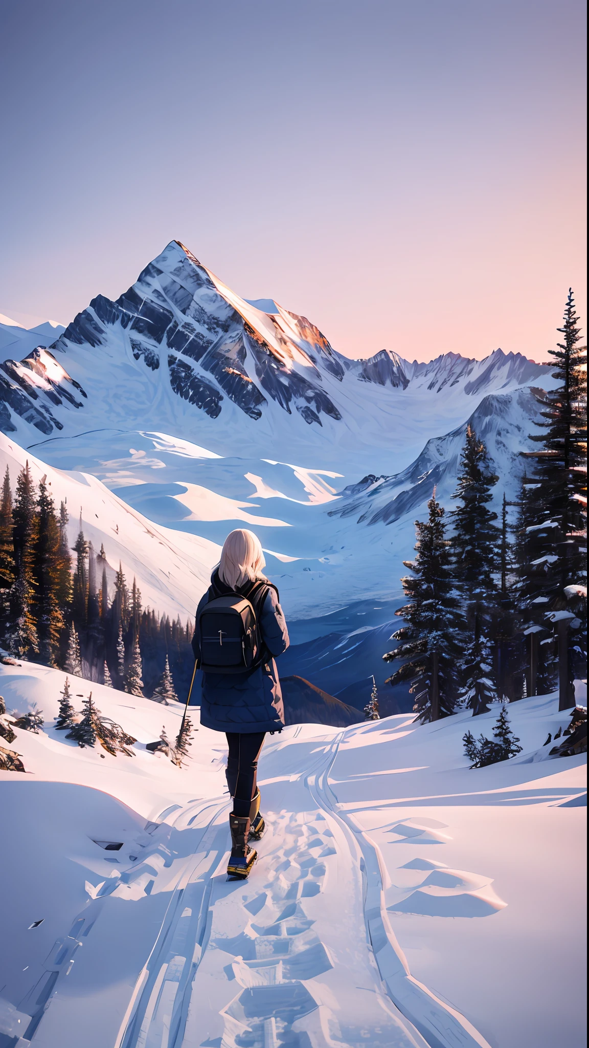 Masterpiece, best quality, 1girl, solo, from behind, backpack, winter clothes, sunset, arctic, glacier, snow, alpine forest, mountainous horizon, sky, trees, warm lighting, hyperrealistic, detailed background, depth of field, rimlighting, specular highlights, bloom, atmospheric lighting