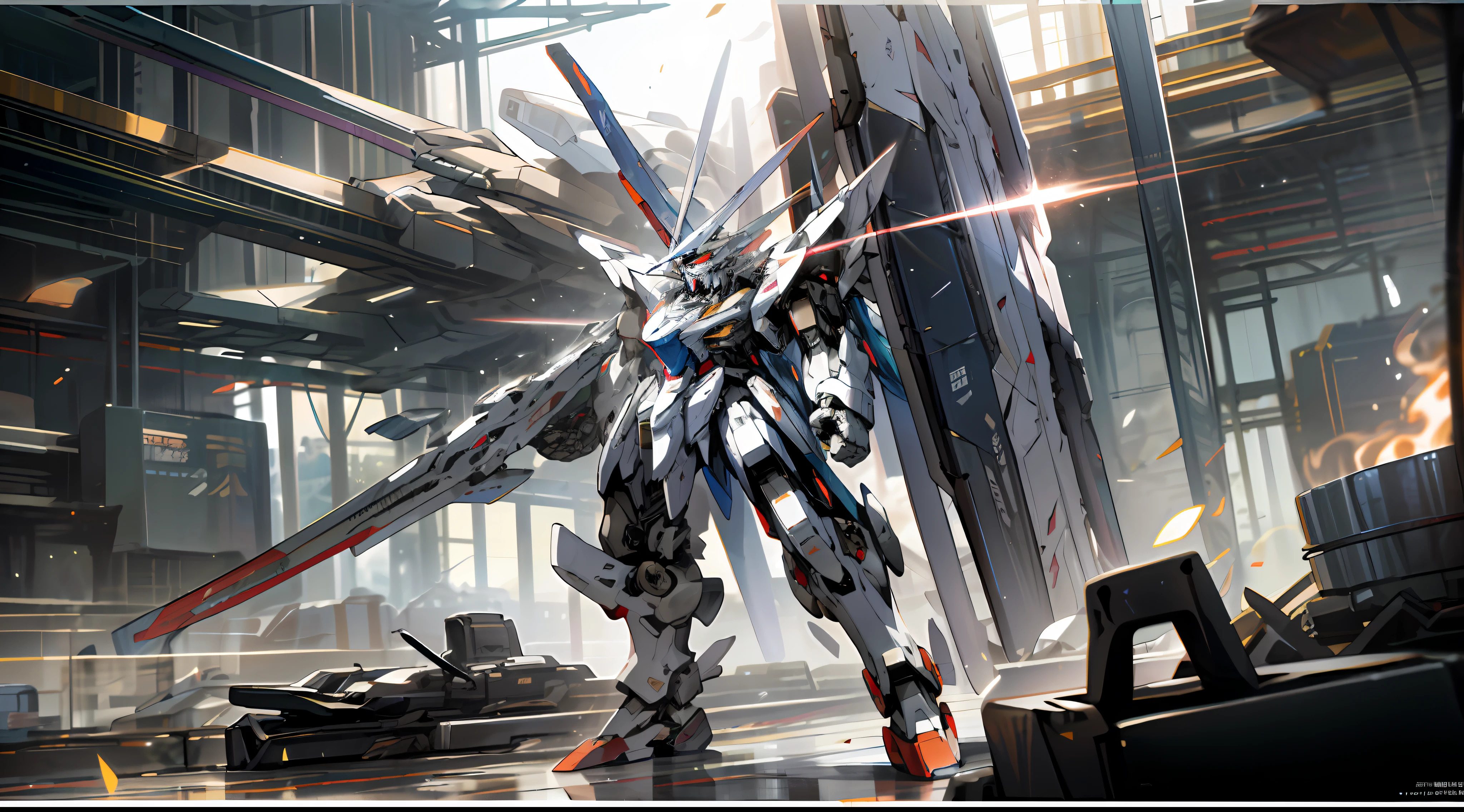 Surrealism, ray tracing, UHD, high details, 8k, best quality, textured skin, (1 Gundam mech), mecha dragon, masterpiece, best quality, mecha, unmanned, (full body), (white mech: 1.5), (axisymmetry: 1.4), (HDR), (movie light: 1.1), white eyes, cool, science fiction, fire, laser cannon beam, war, conflict, a head of mecha in background on left angle , (holding huge weapons: 1.5), holding oversized shields, mecha men, vector